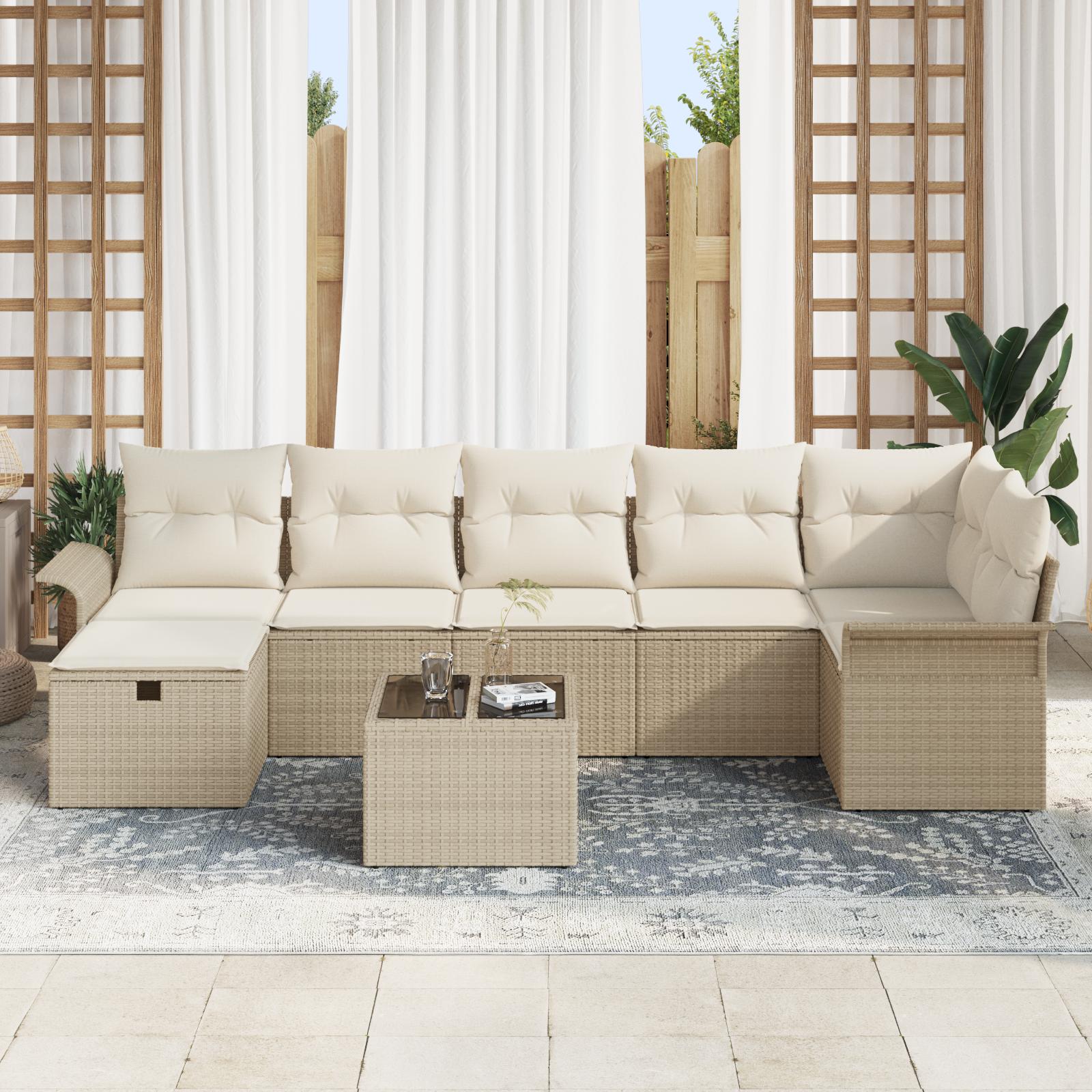 vidaXL 8-delige Tuinbankenset met kussens poly rattan beige