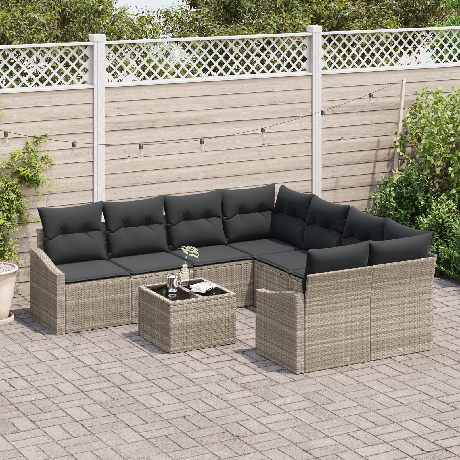 vidaXL 9-delige tuinbankset met kussens lichtgrijs poly rattan