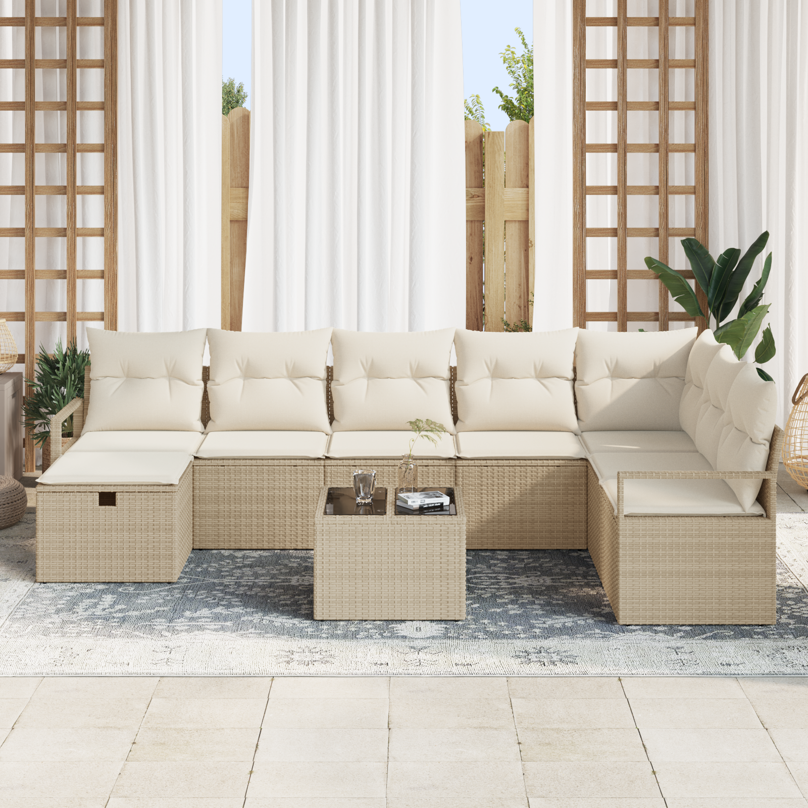 vidaXL 9-delige tuinset met kussens in beige poly rattan