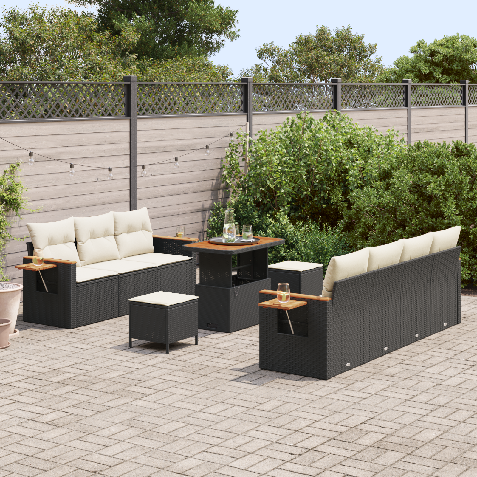 vidaXL 10-delige Tuinbankenset met kussens poly rattan acacia zwart
