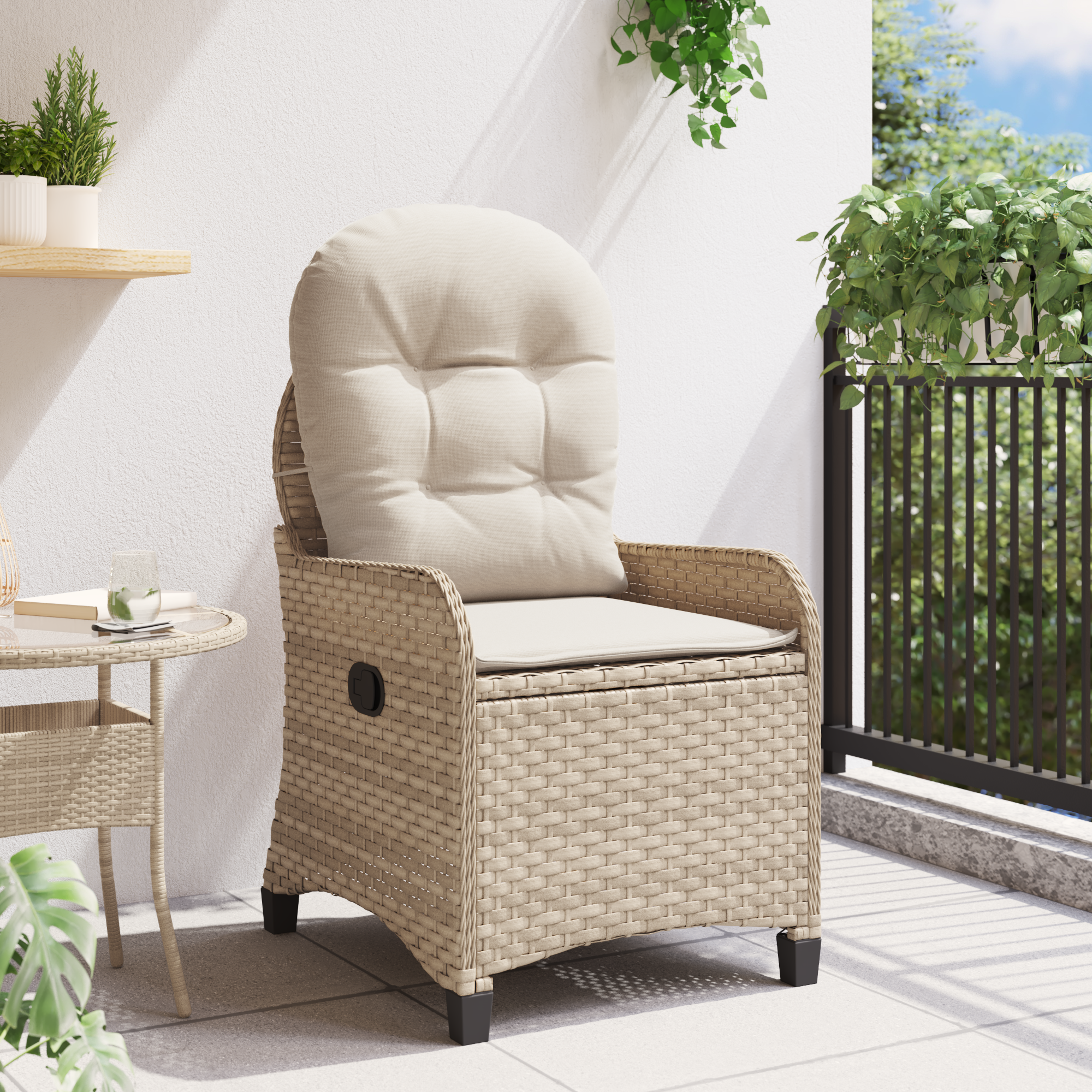 vidaXL Stoel verstelbaar met kussen poly rattan beige