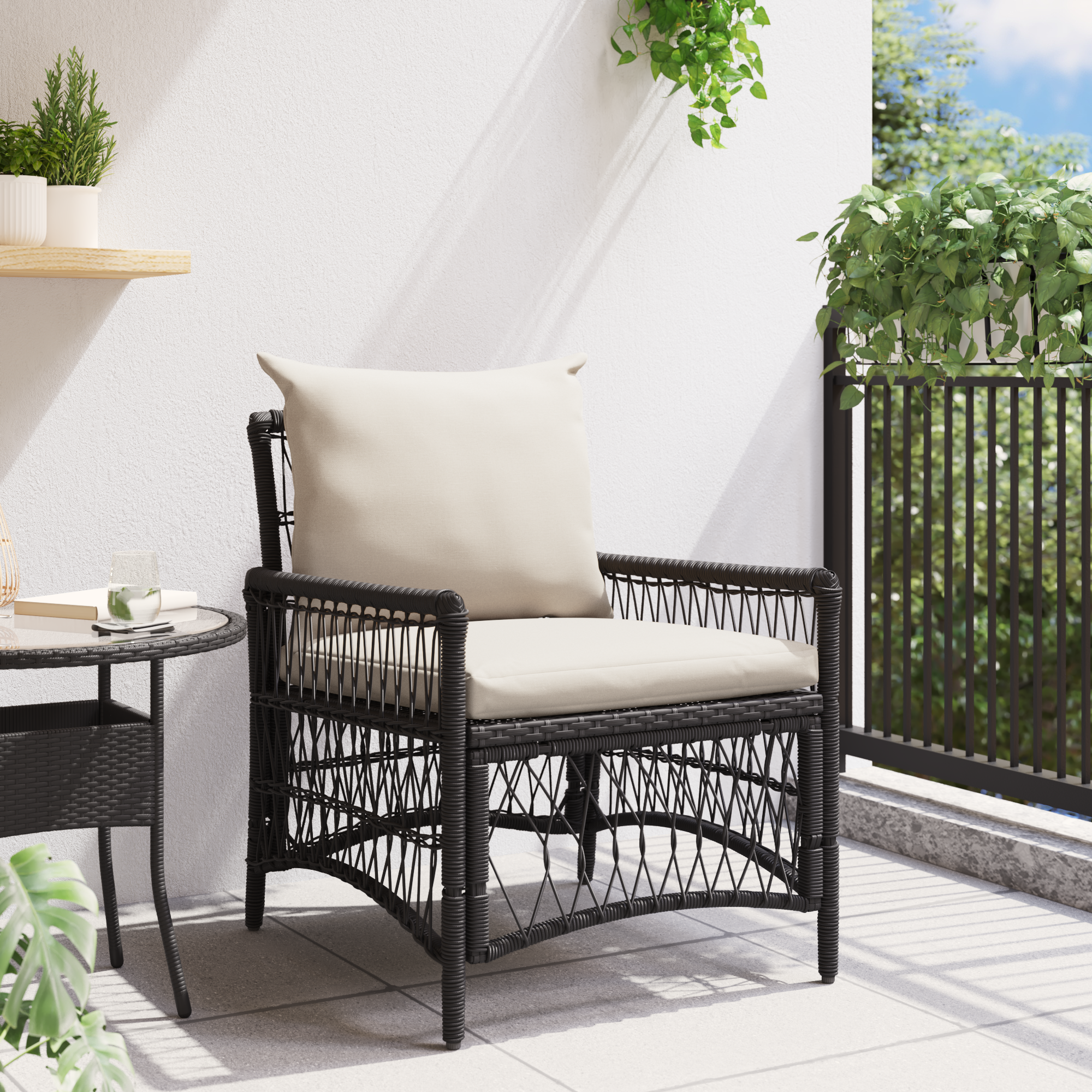 vidaXL Ligbed met Kussens Zwart 60x70x78 cm Poly Riet