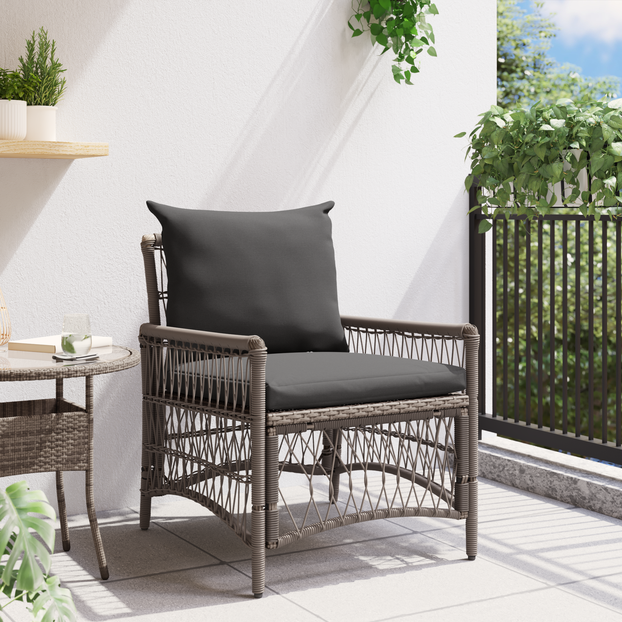 vidaXL Ligbed met Kussens Grijs Poly Rattan