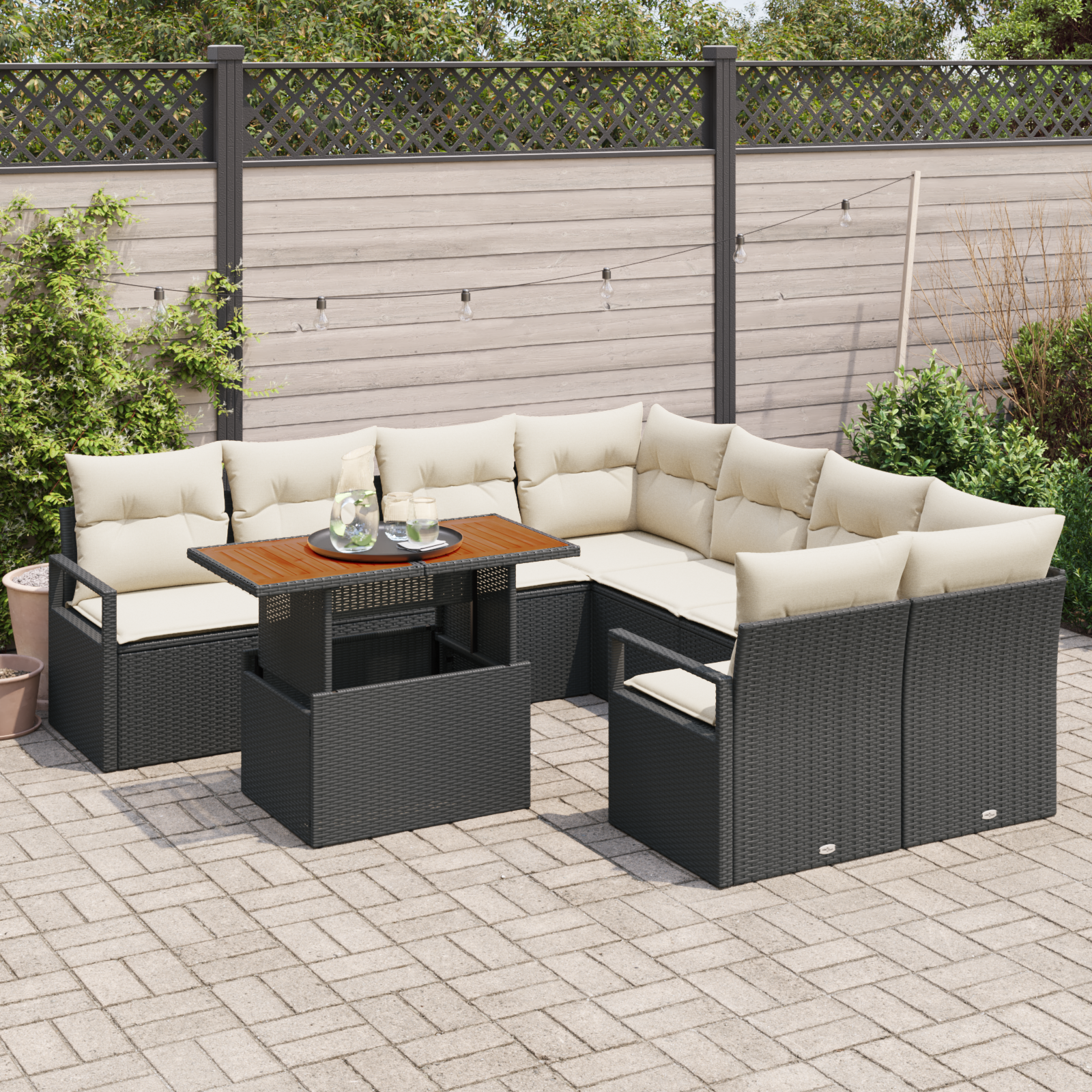 vidaXL 9-delige tuinset met kussens in zwart poly rattan