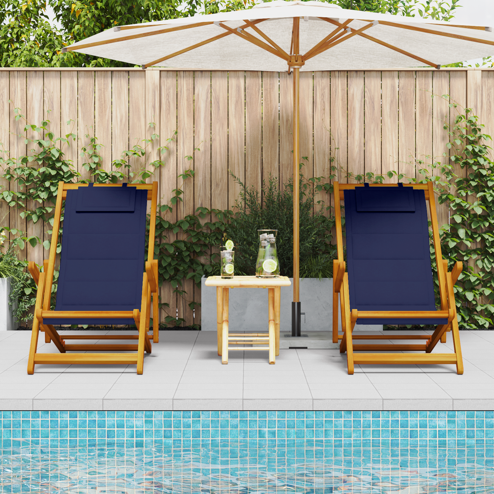 vidaXL Strandstoelen 2 st inklapbaar acaciahout en textileen blauw