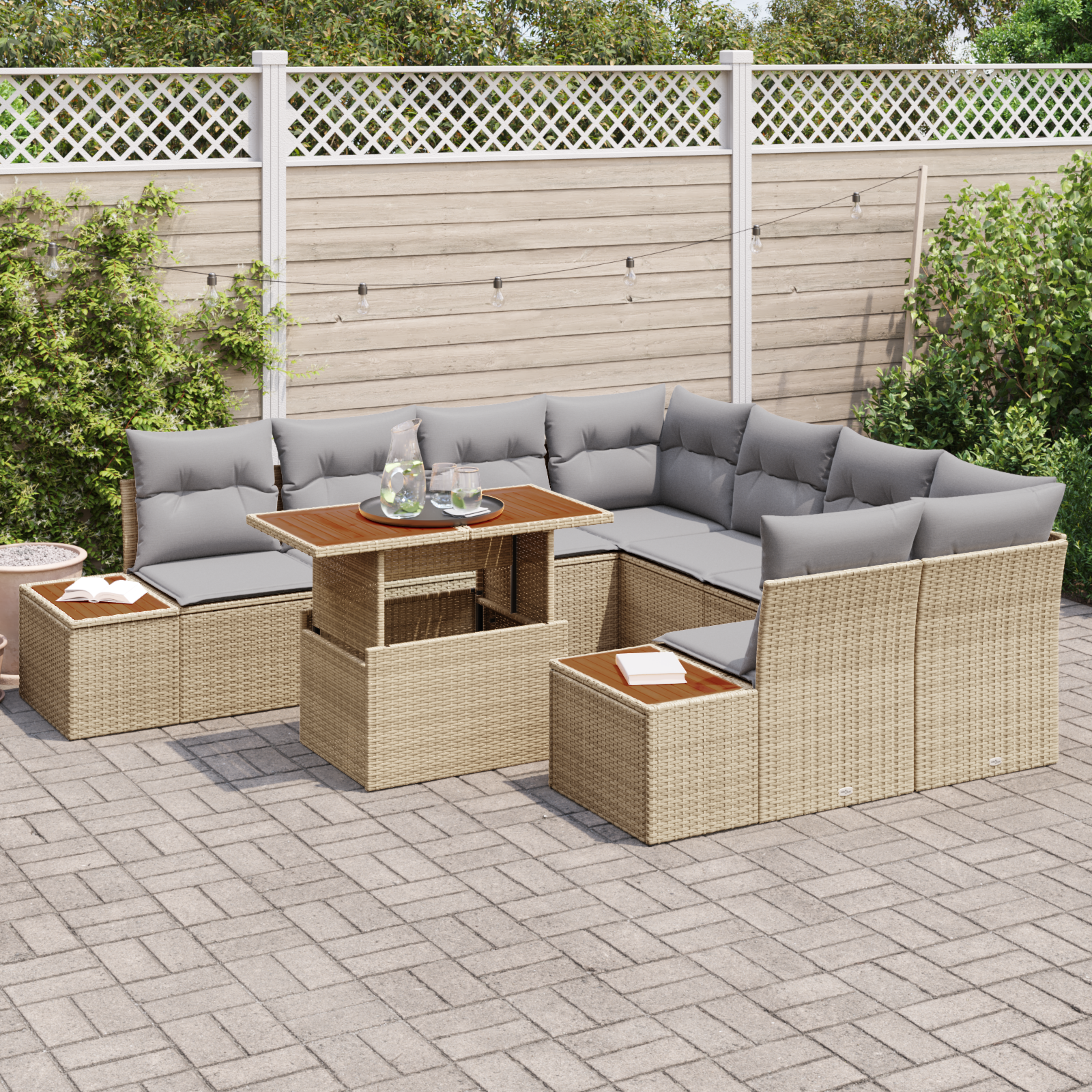vidaXL 9-delige tuinset met kussens in beige poly rattan