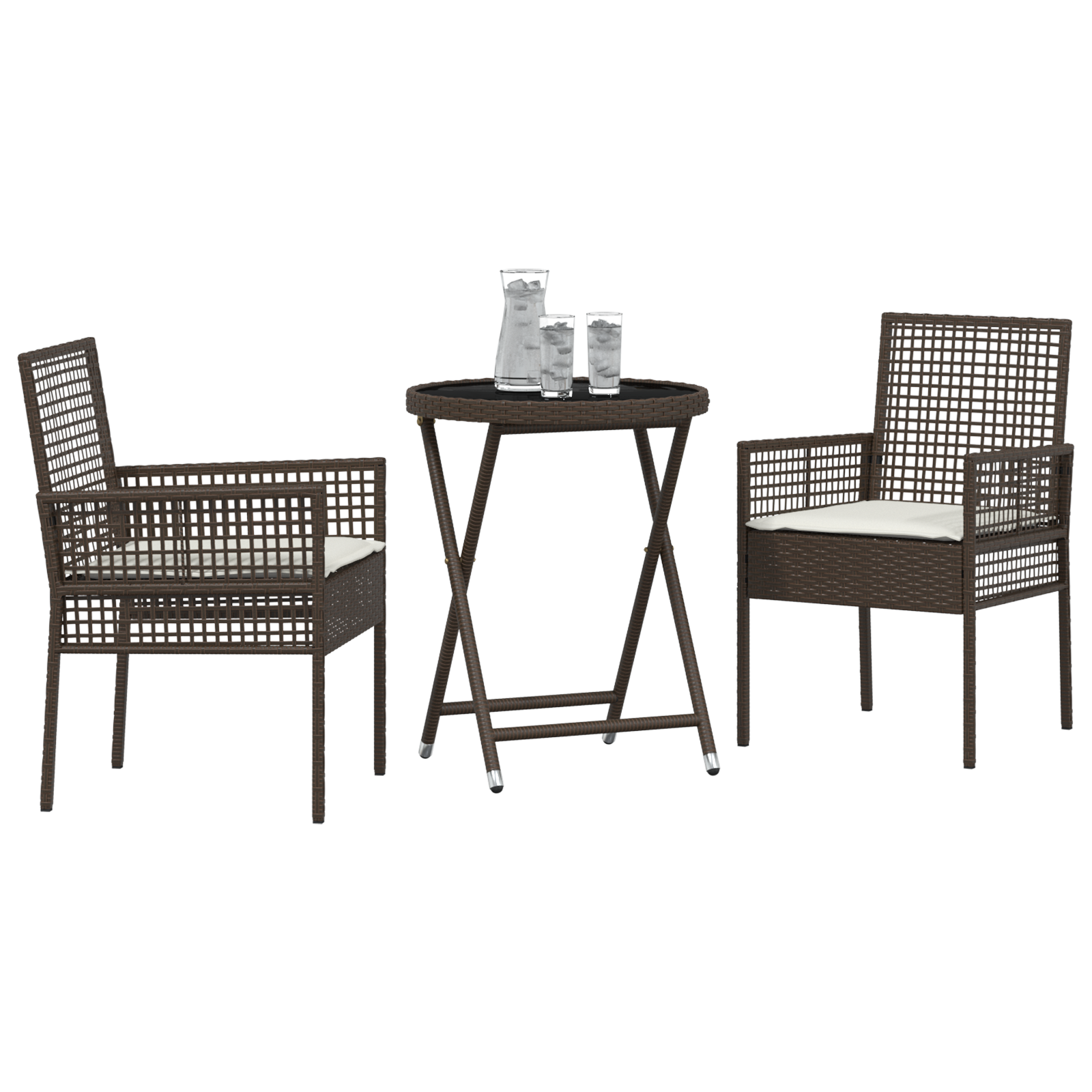 vidaXL 3-delige bistroset voor in de tuin met kussens in bruin poly rattan
