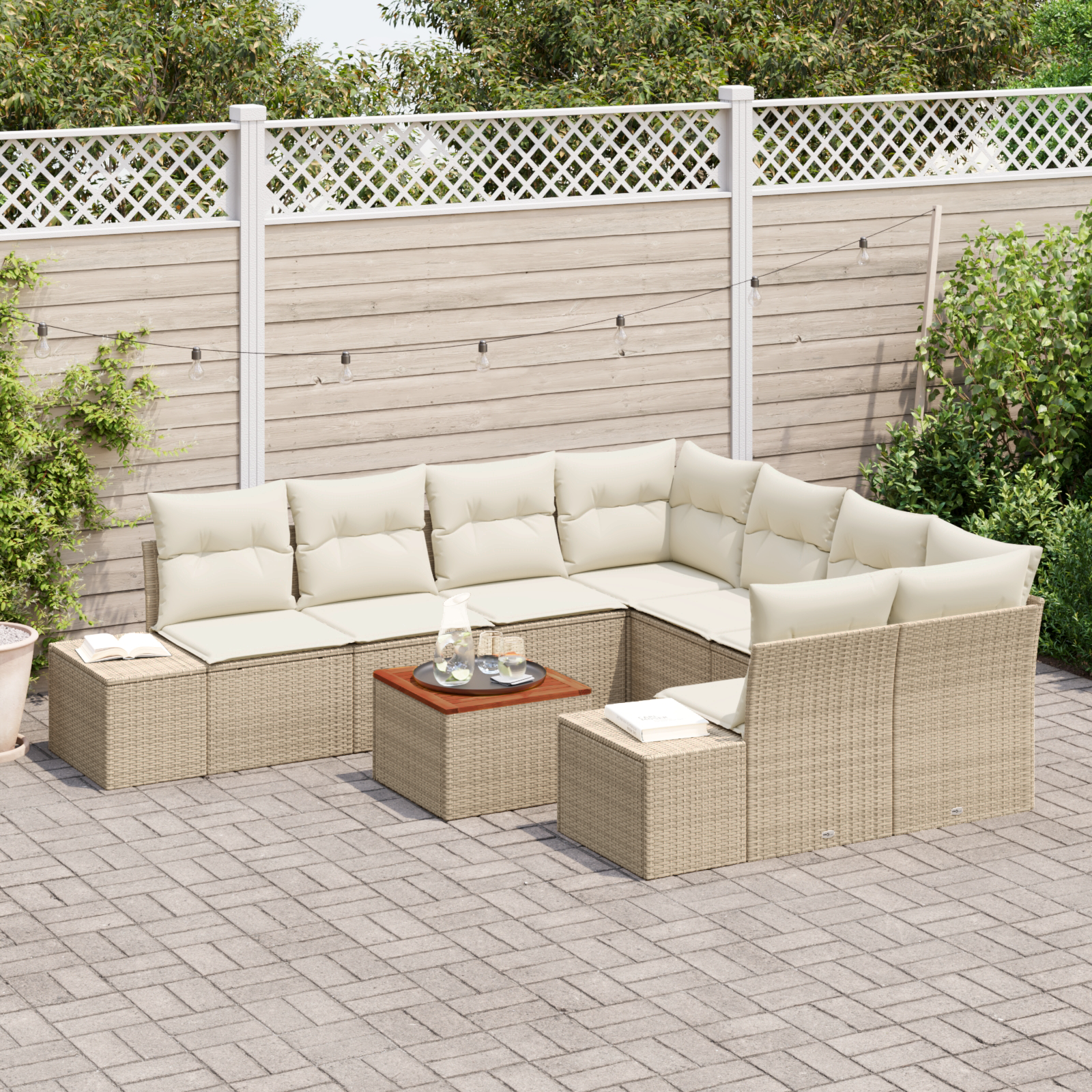 vidaXL 9-delige tuinset met kussens in beige poly rattan en acacia hout
