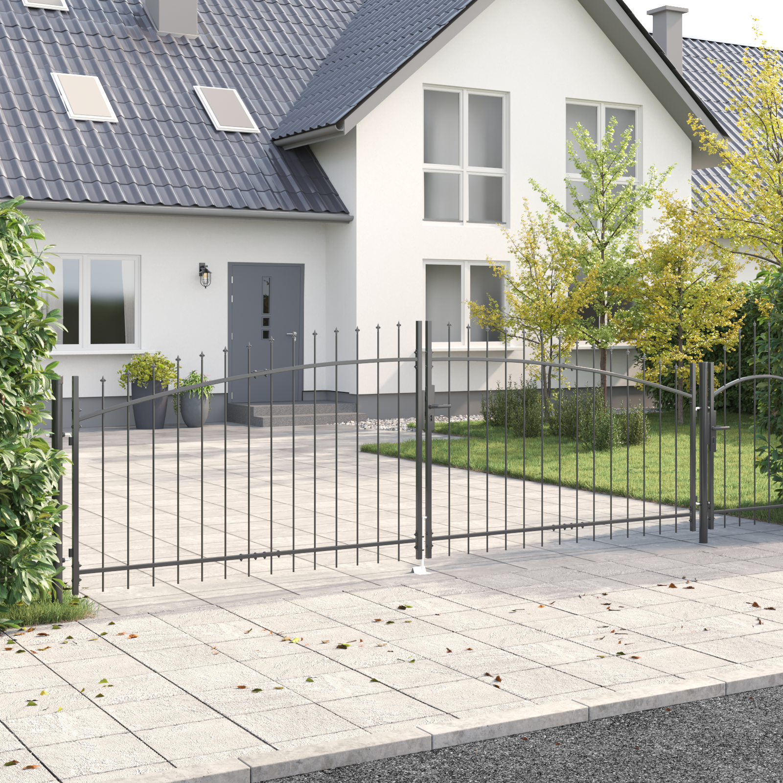 vidaXL Tuinpoort met spitse top Dubbele Swing Grijs 100x400 cm Staal