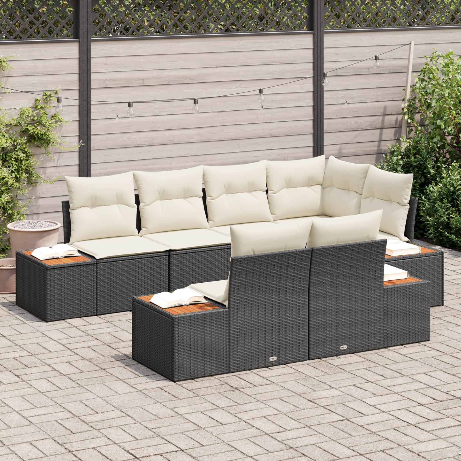 vidaXL 7-delige Tuinsofaset met Kussens Zwart Poly Rattan Acacia