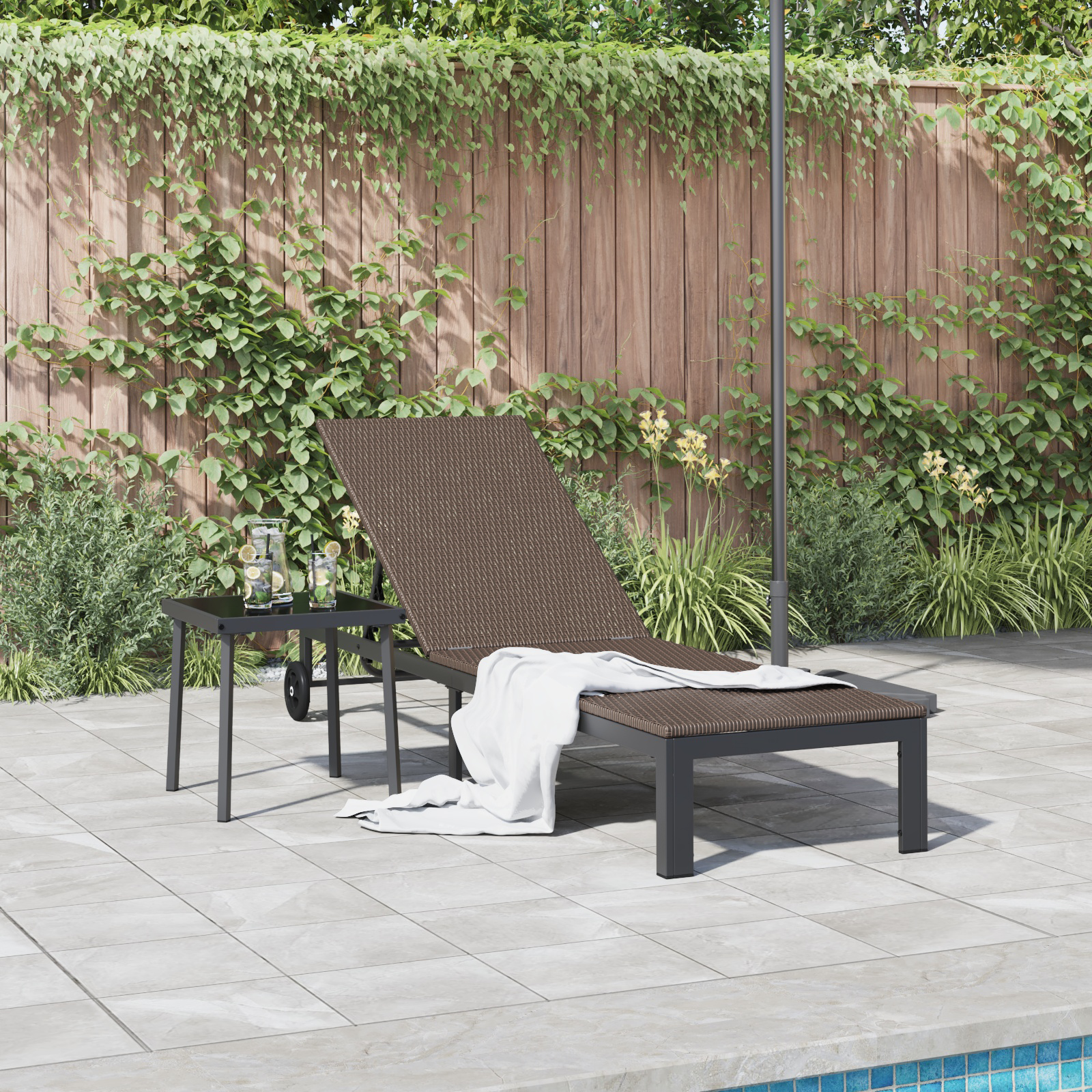 vidaXL Ligbed met wielen poly rattan bruin