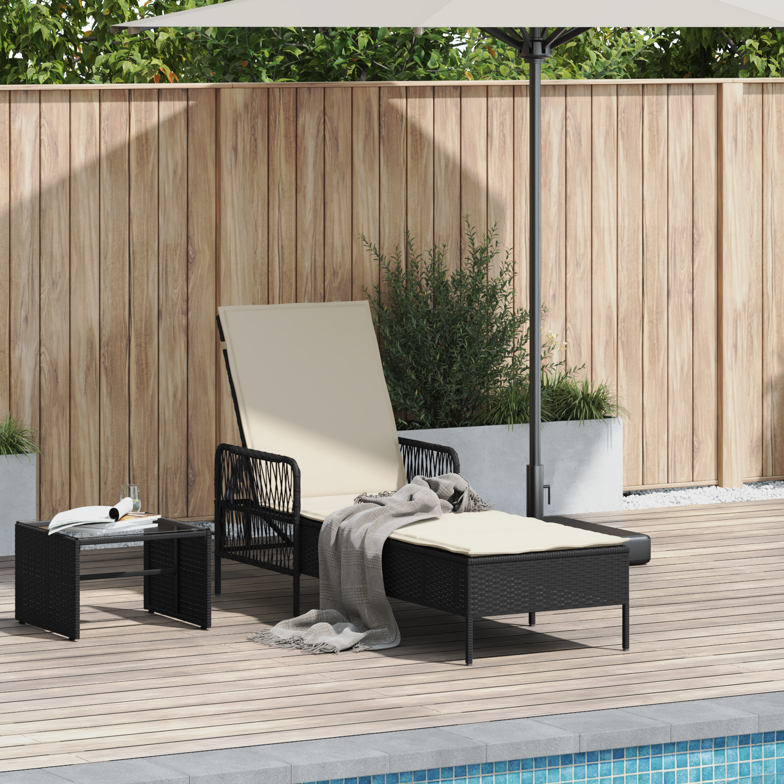 vidaXL Ligbed met Kussen Zwart Poly Rattan