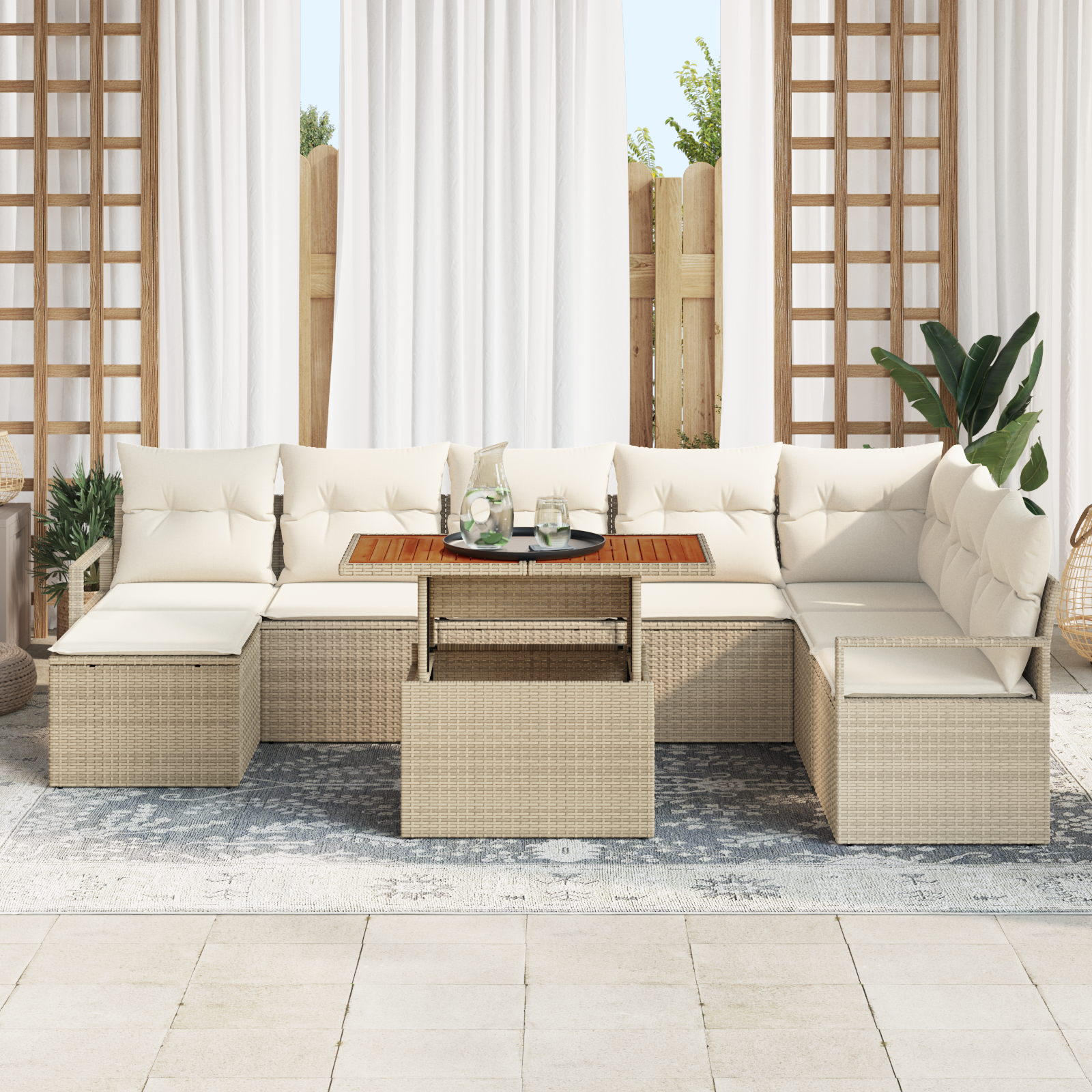 vidaXL 9-delige Tuinbankenset met kussens poly rattan acacia beige