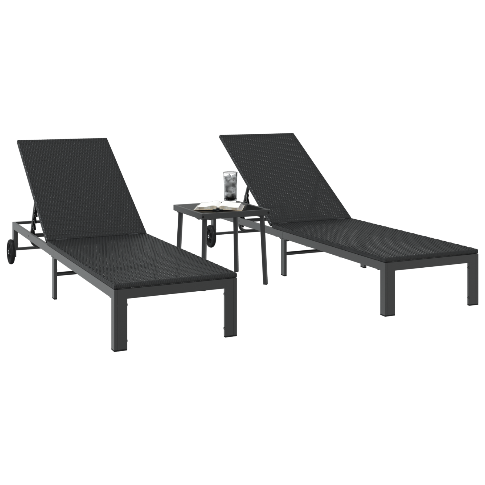 vidaXL Ligbedden 2 st met wielen en tafel poly rattan zwart