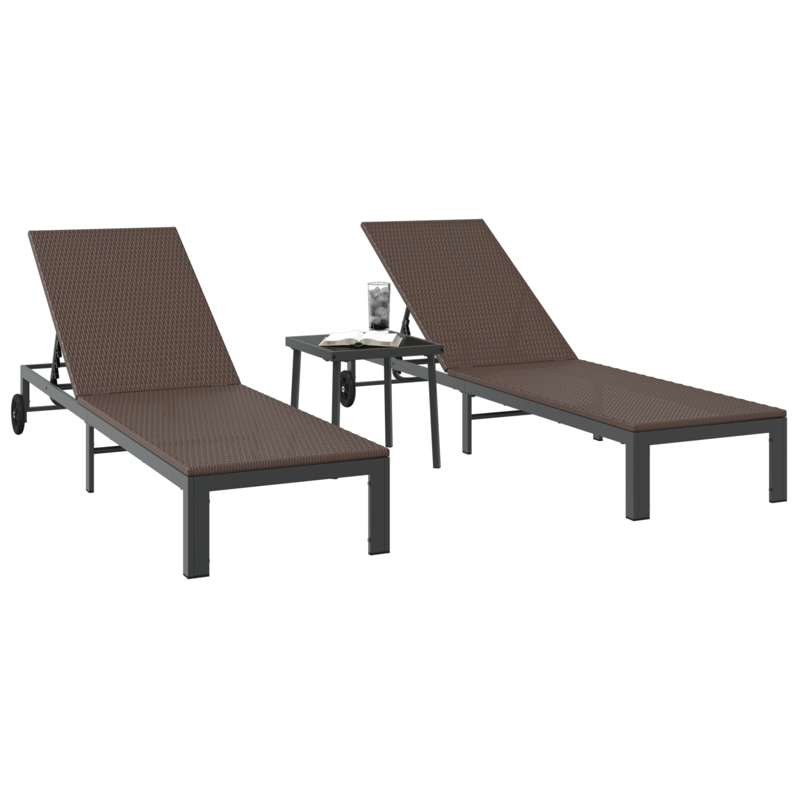 vidaXL Ligbedden 2 st met wielen en tafel poly rattan bruin