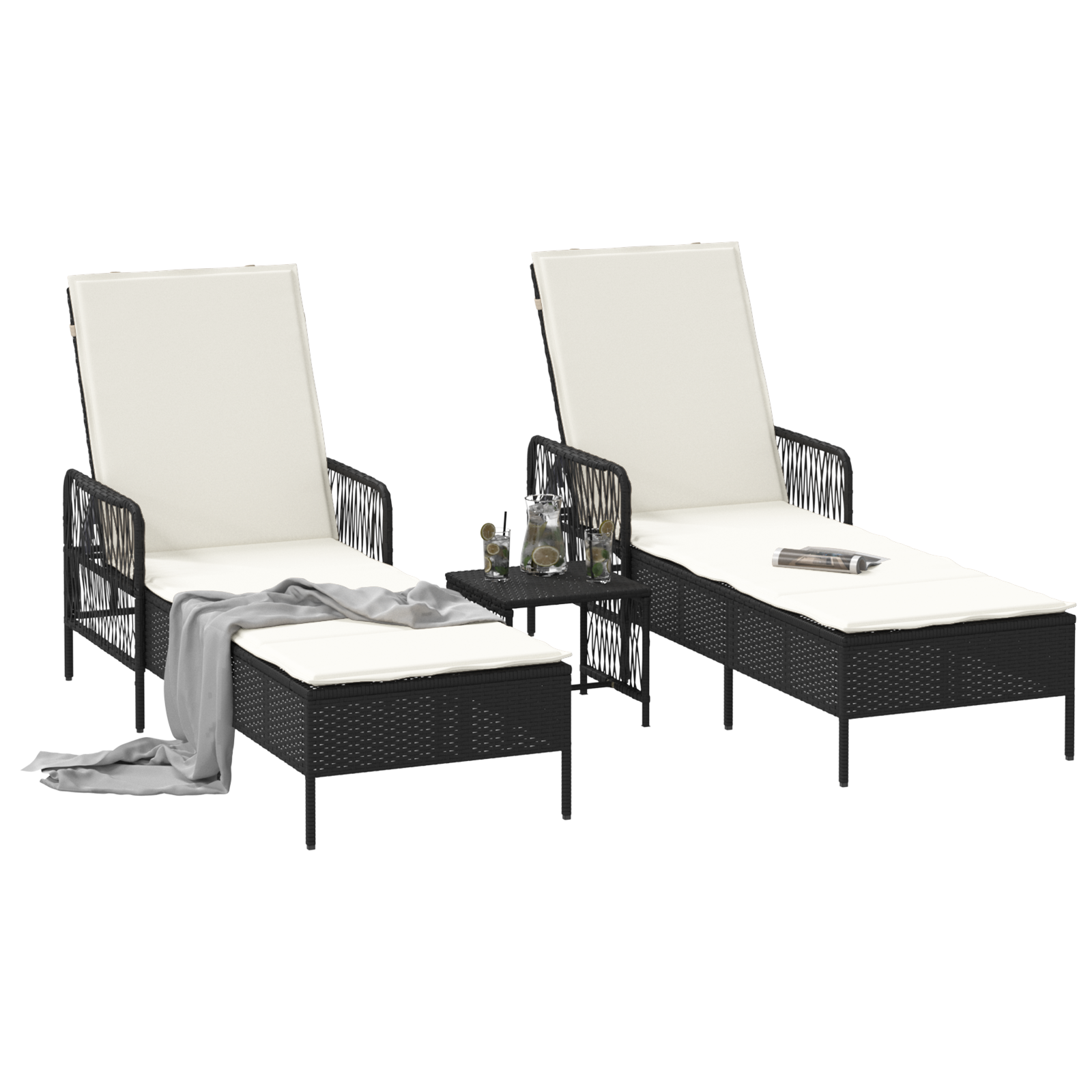 vidaXL Ligbedden 2 stuks met kussens en tafel zwart poly rattan