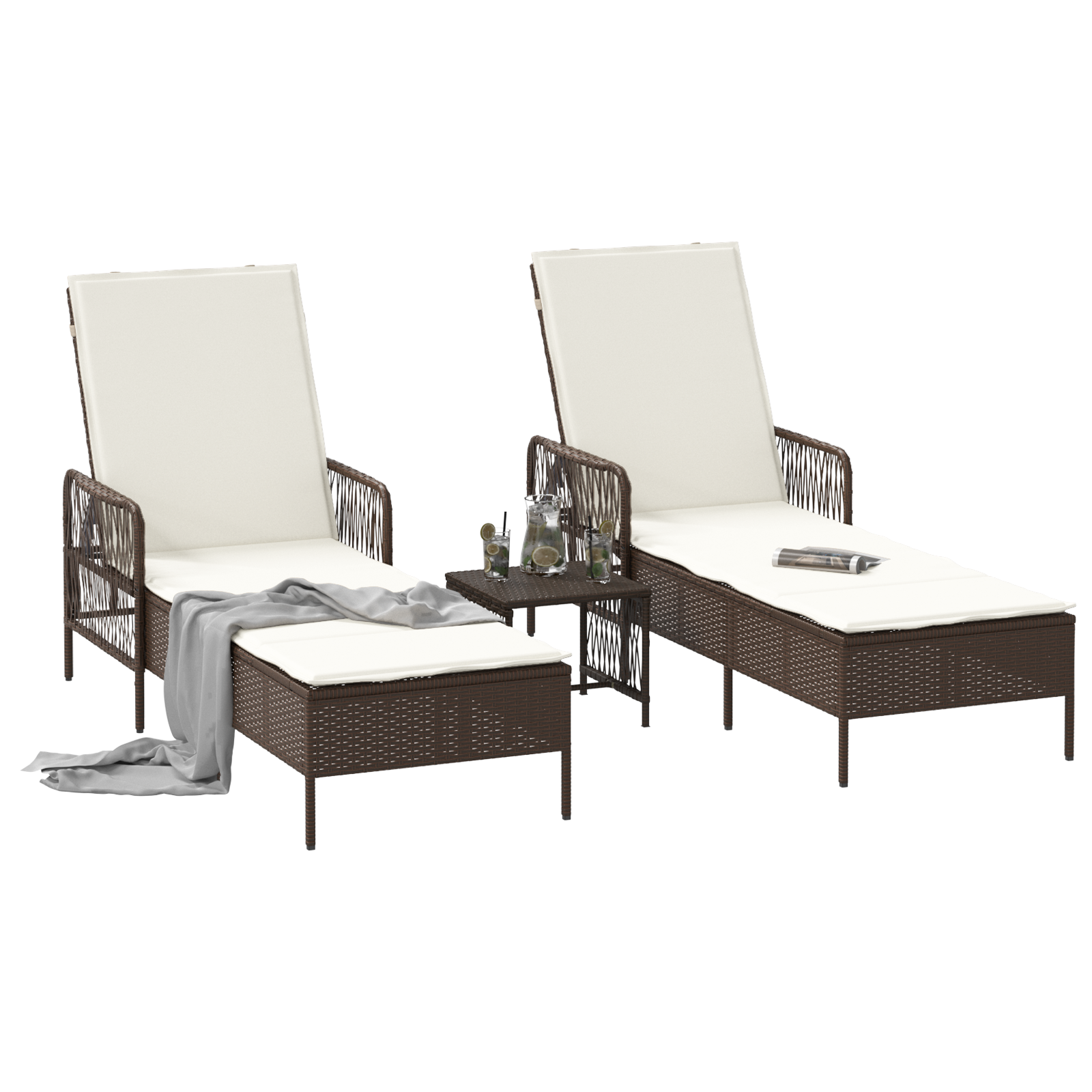 vidaXL Ligbedden 2 stuks met Kussens en Tafel Bruin Poly Rattan