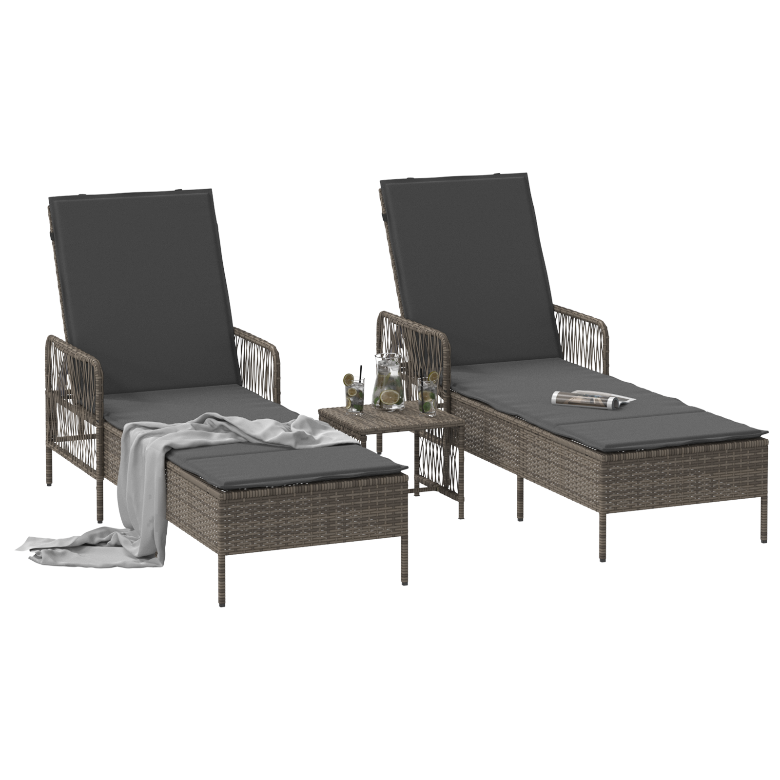vidaXL Ligbedden 2 stuks met kussens en tafel grijs poly rattan