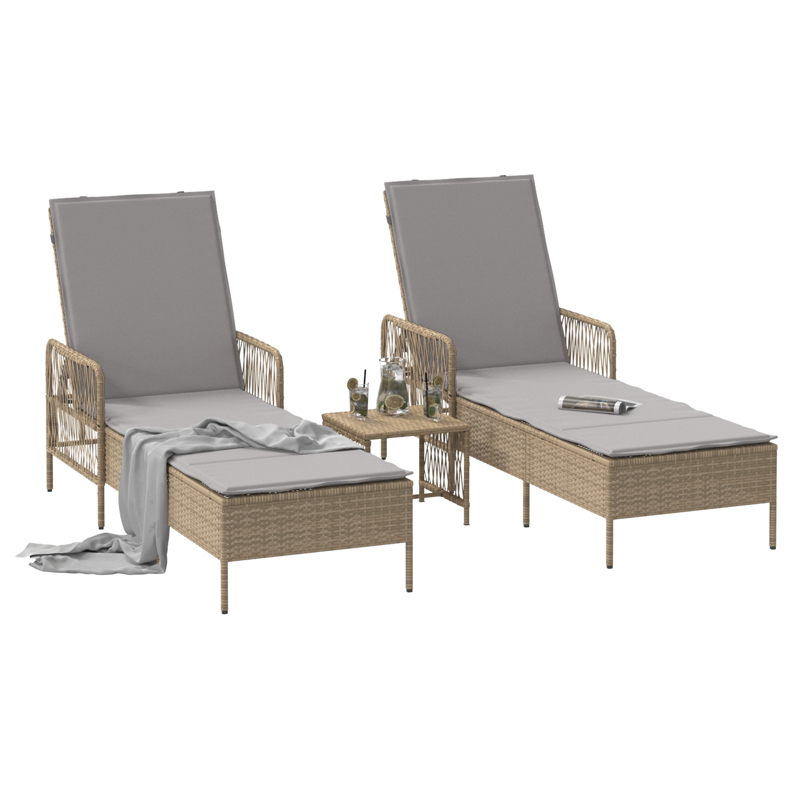 vidaXL Ligbedden 2 stuks met Kussens en Tafel Beige Poly Rattan