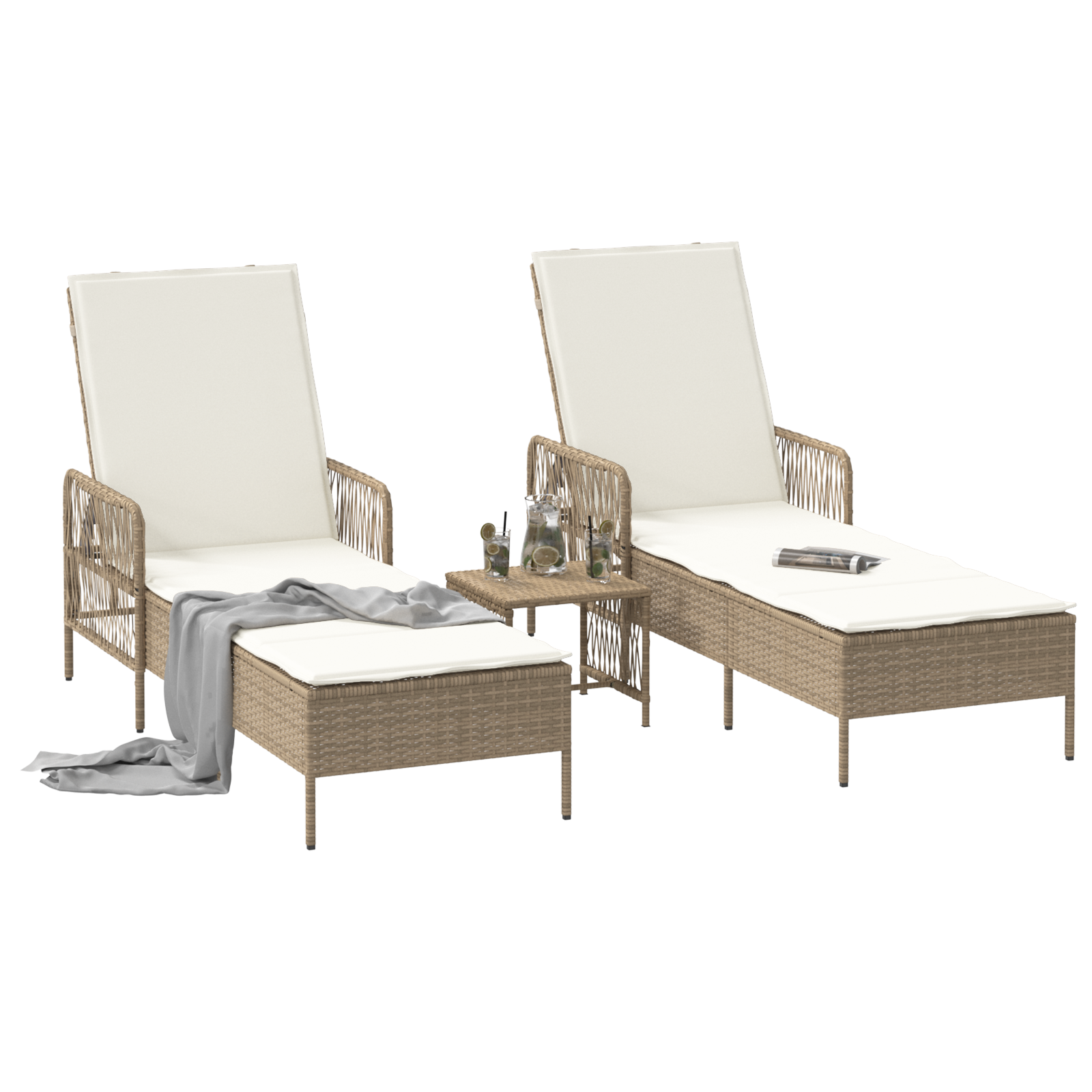 vidaXL Ligbedden 2 stuks met Kussens en Tafel Beige Poly Rattan