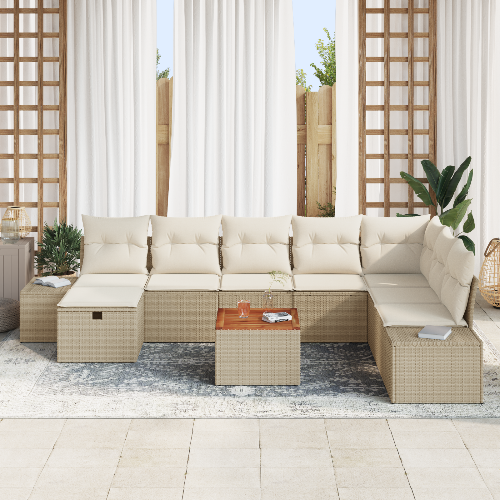 vidaXL 9-delige tuinset met kussens in beige poly rattan