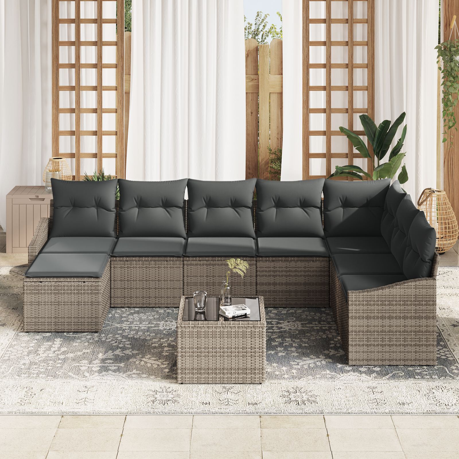 vidaXL 8-delige Tuin Eetset met Kussens Zwart Poly Rattan