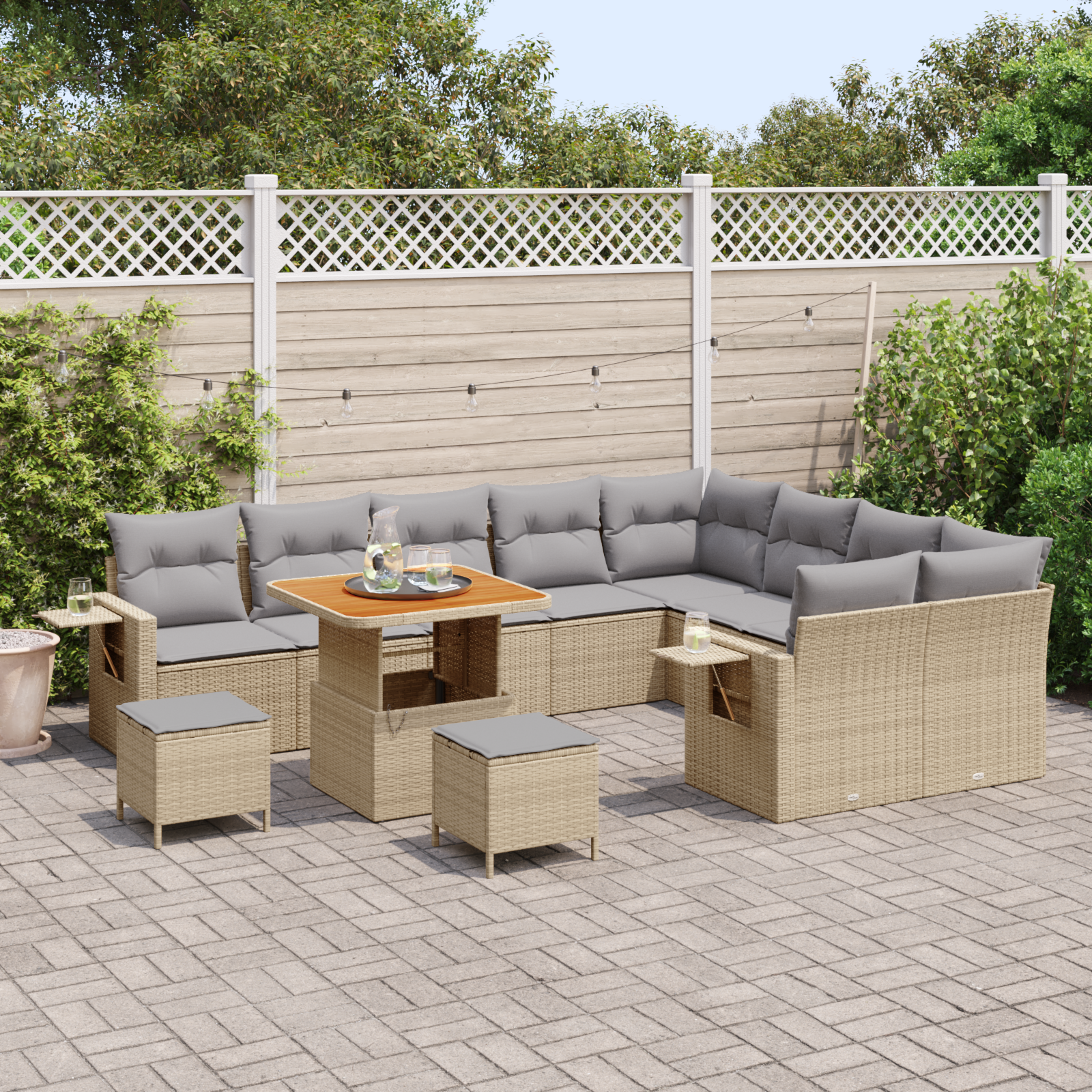 vidaXL 12-delige tuinsofa set met kussens in beige, van poly riet en acacia