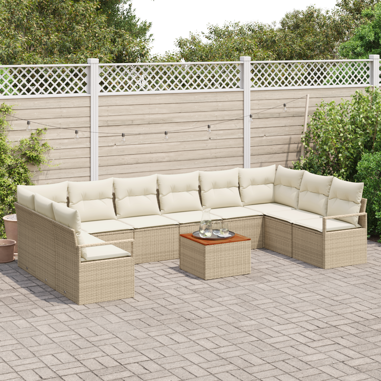vidaXL 11-delige tuinset met kussens in beige van poly rattan en acacia