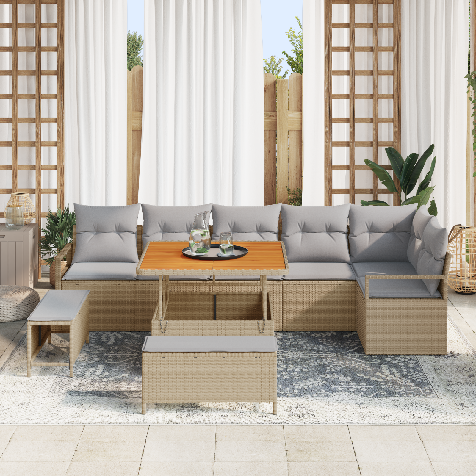 vidaXL 9-delige tuinset met kussens in beige van poly rattan en acacia
