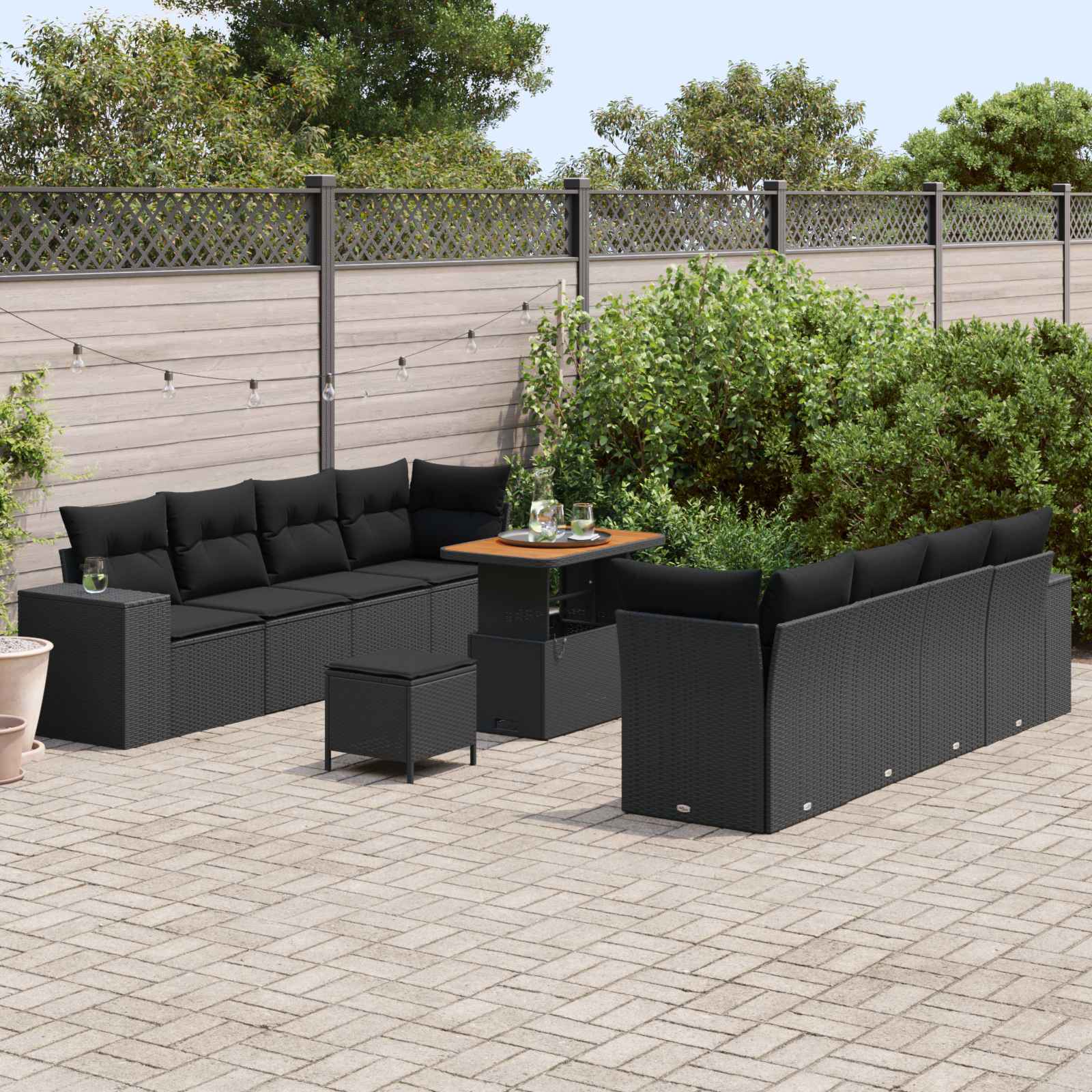 vidaXL 11-delige tuinbankset met kussens zwart poly rattan acacia
