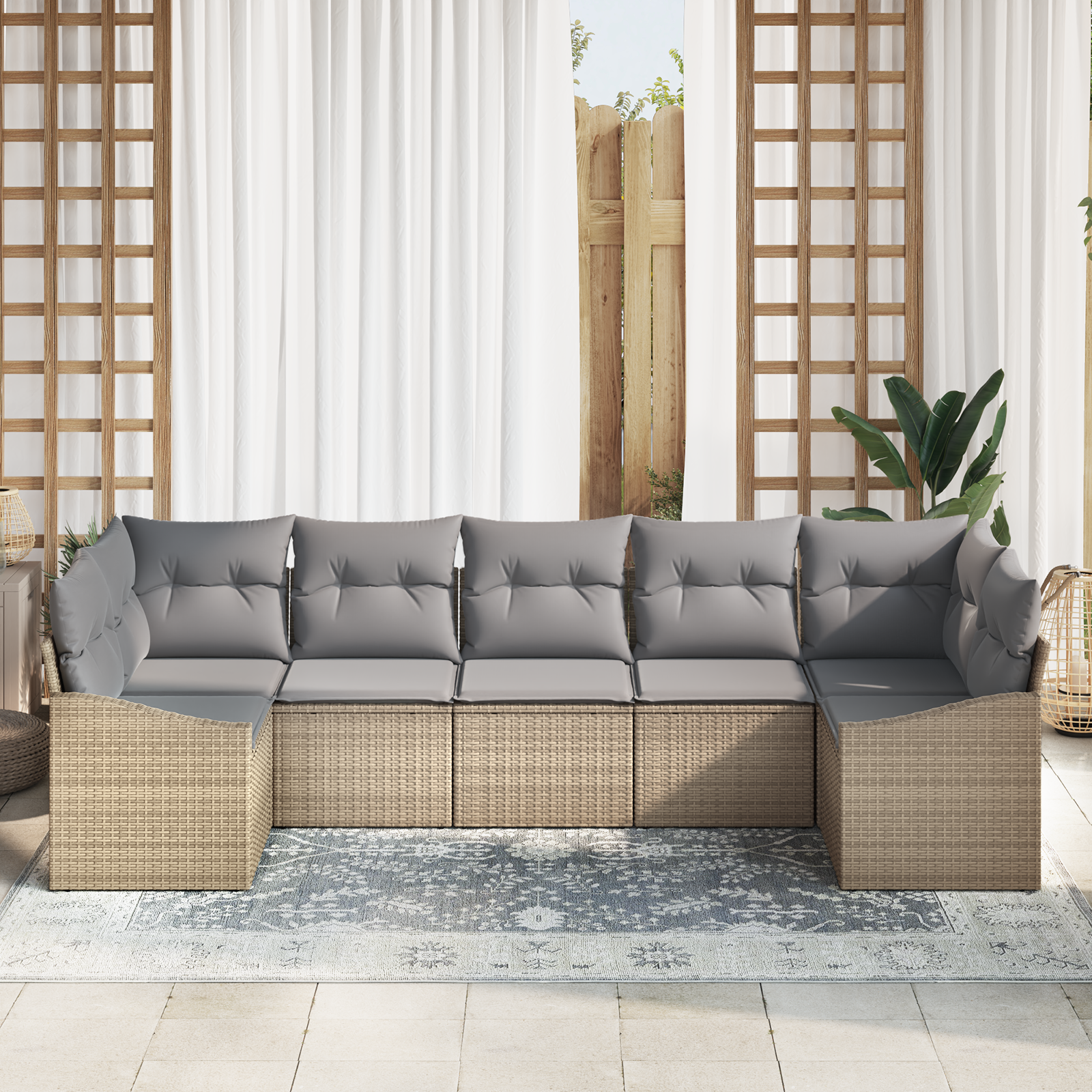 vidaXL 7-delige Tuinbankenset met kussens poly rattan beige