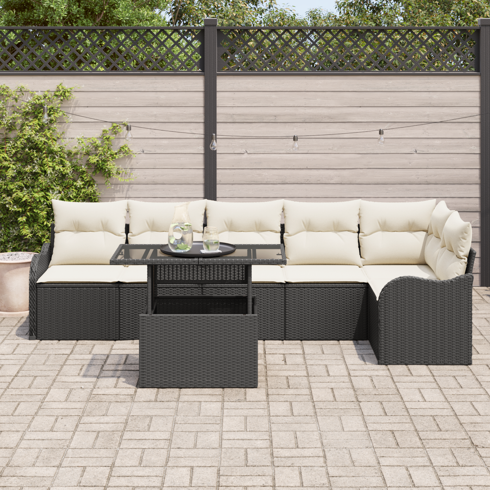 vidaXL 7-delige tuinbankset met kussens zwart poly riet
