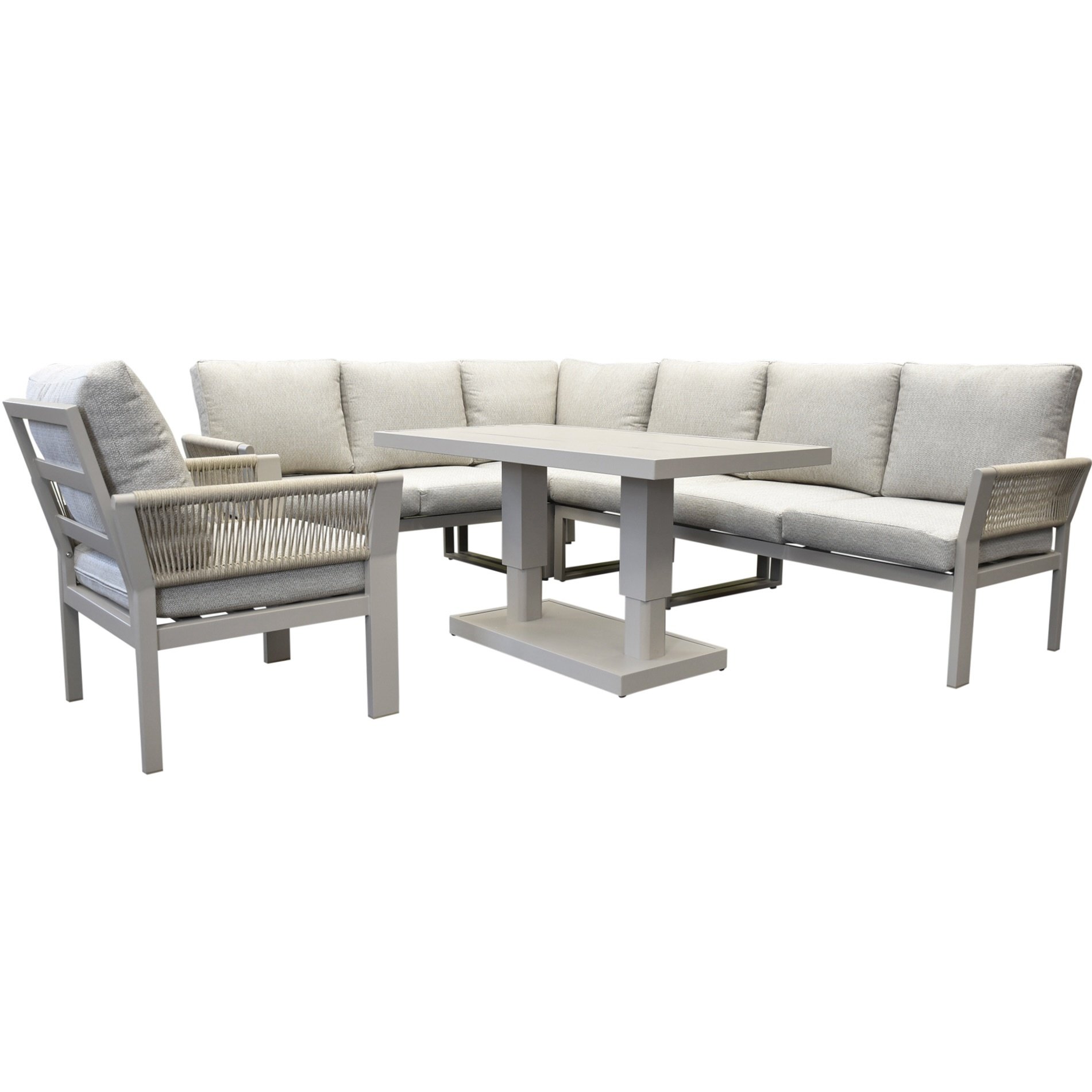 AVH-Collectie Saigon lounge dining set 6 delig verstelbare tafel latte zand aluminium