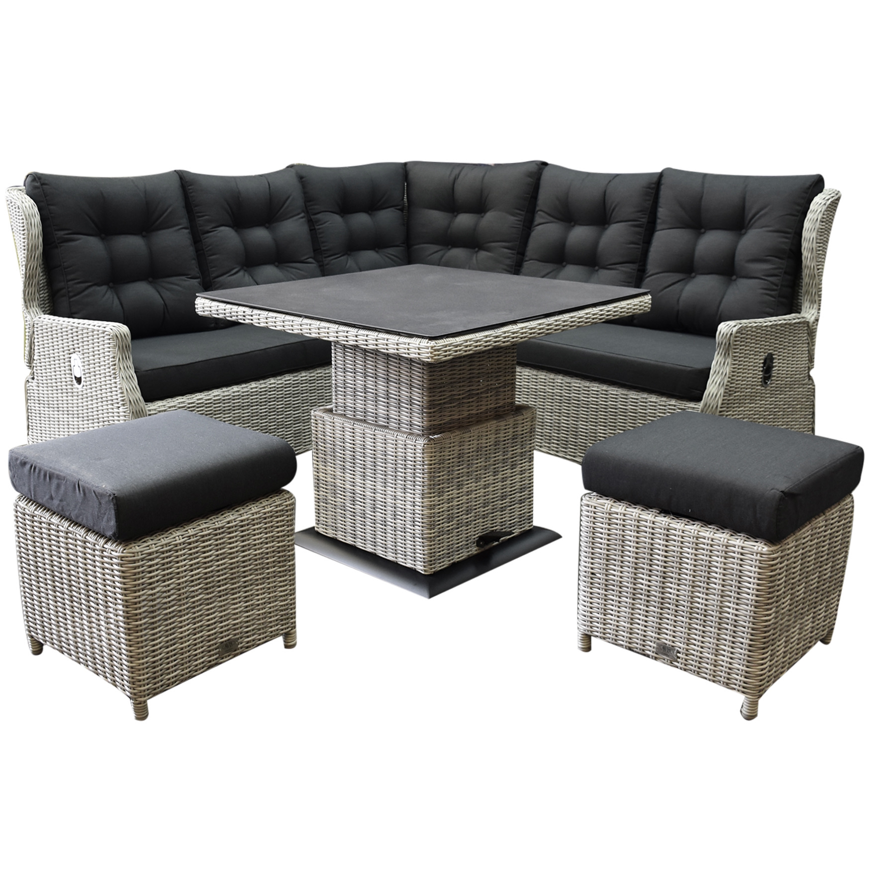 AVH-Collectie Ibiza dining verstelbare hoek loungeset 6 delig wit grijs met verstelbare tafel vierkant