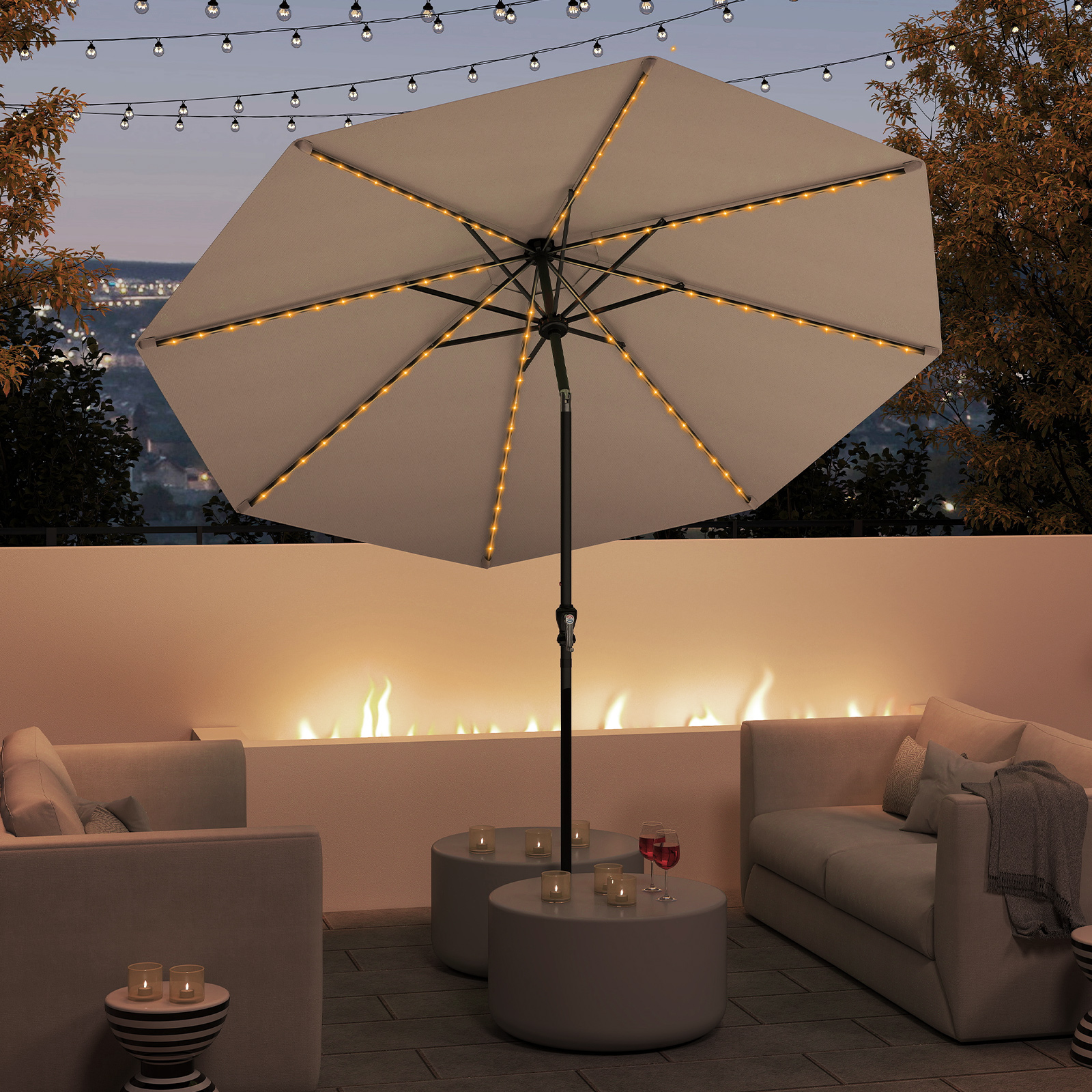 Costway Zonnescherm 300 cm met LED-zonneverlichting 9 Verlichtingsmodi Parasol met Zwengel Koffie