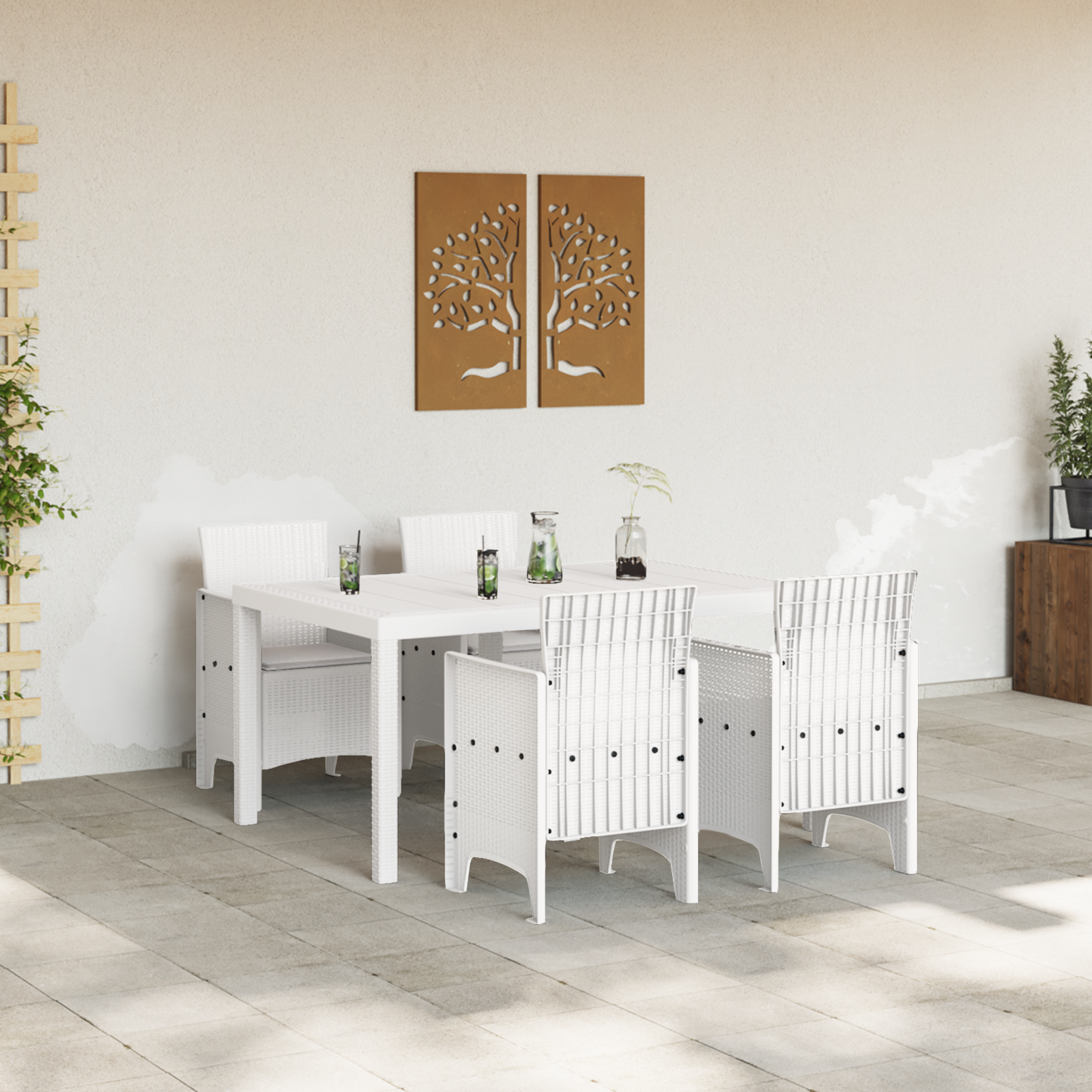 vidaXL 5-delige Tuin Eettafel Set met Kussens Wit Poly Rattan