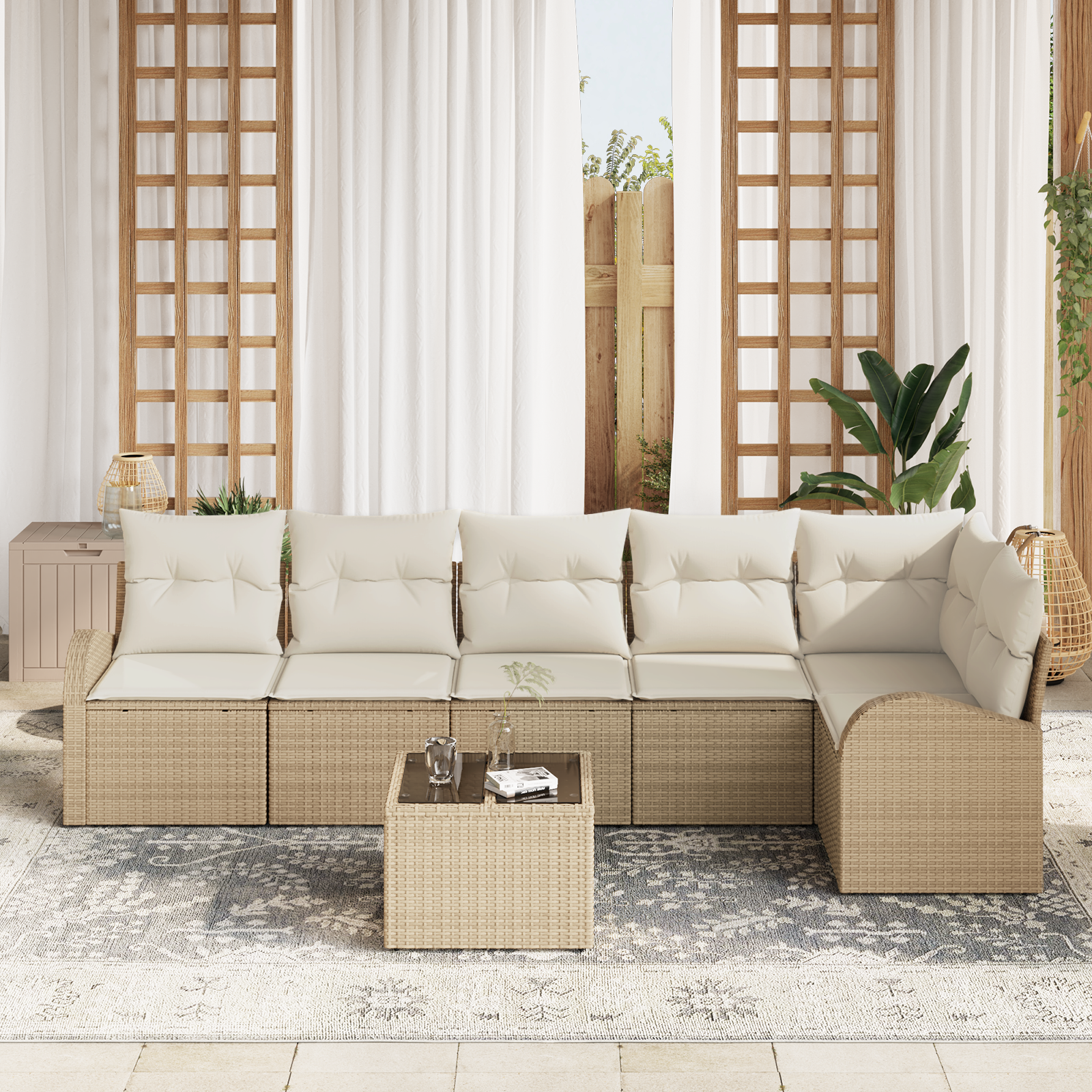 vidaXL 7-delige Tuinbankenset met kussens poly rattan bruin