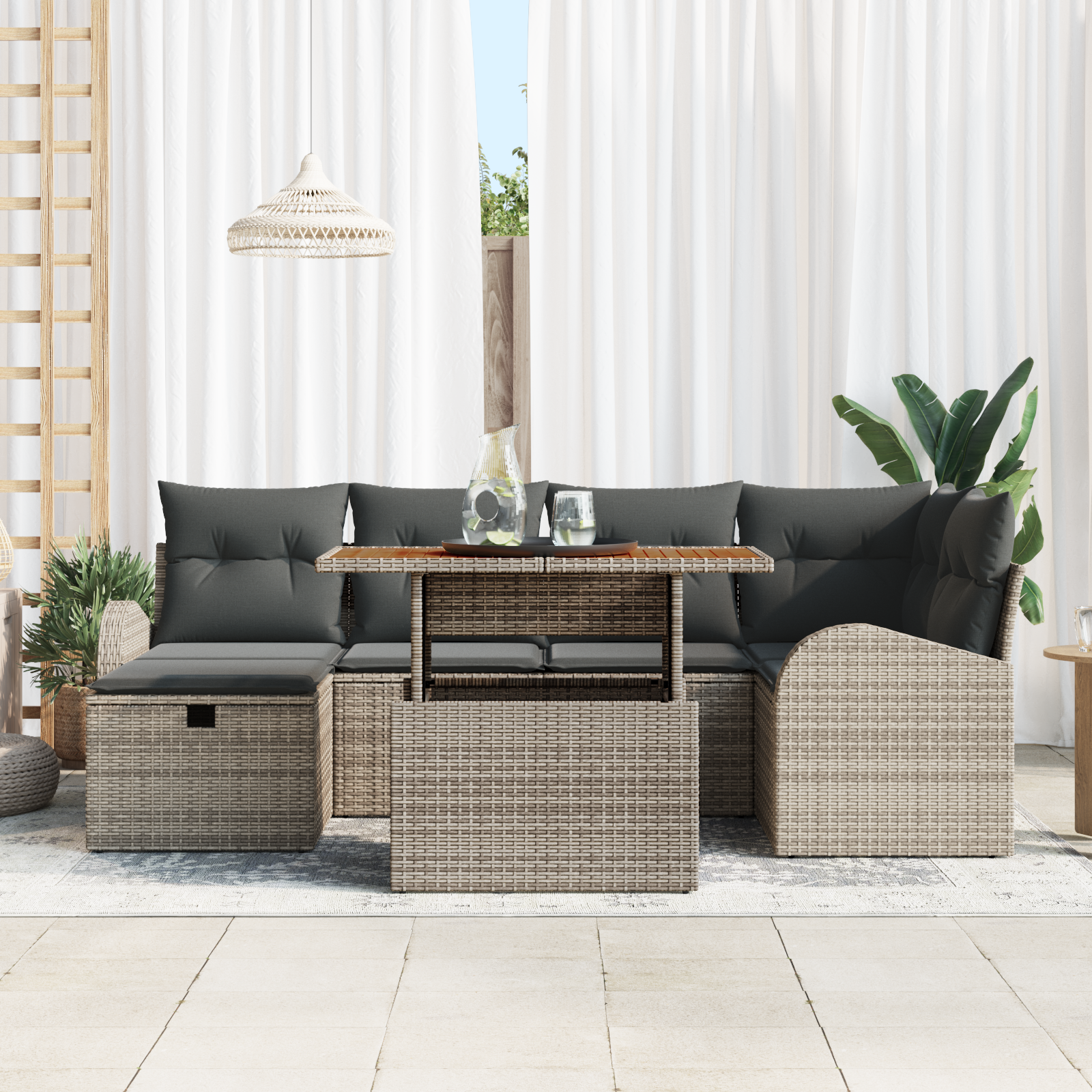 vidaXL 7-delige tuinset met kussens grijs poly rattan