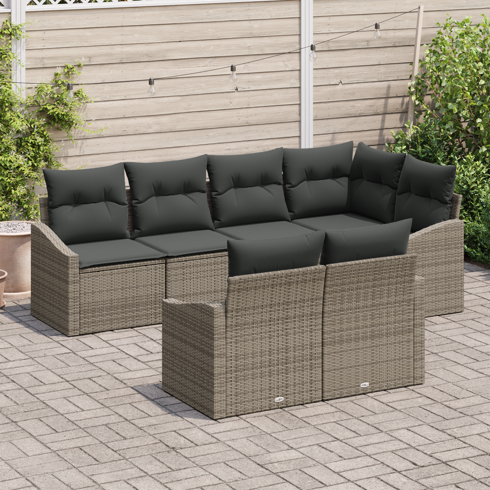 vidaXL 7-delige Tuinbankenset met kussens poly rattan grijs