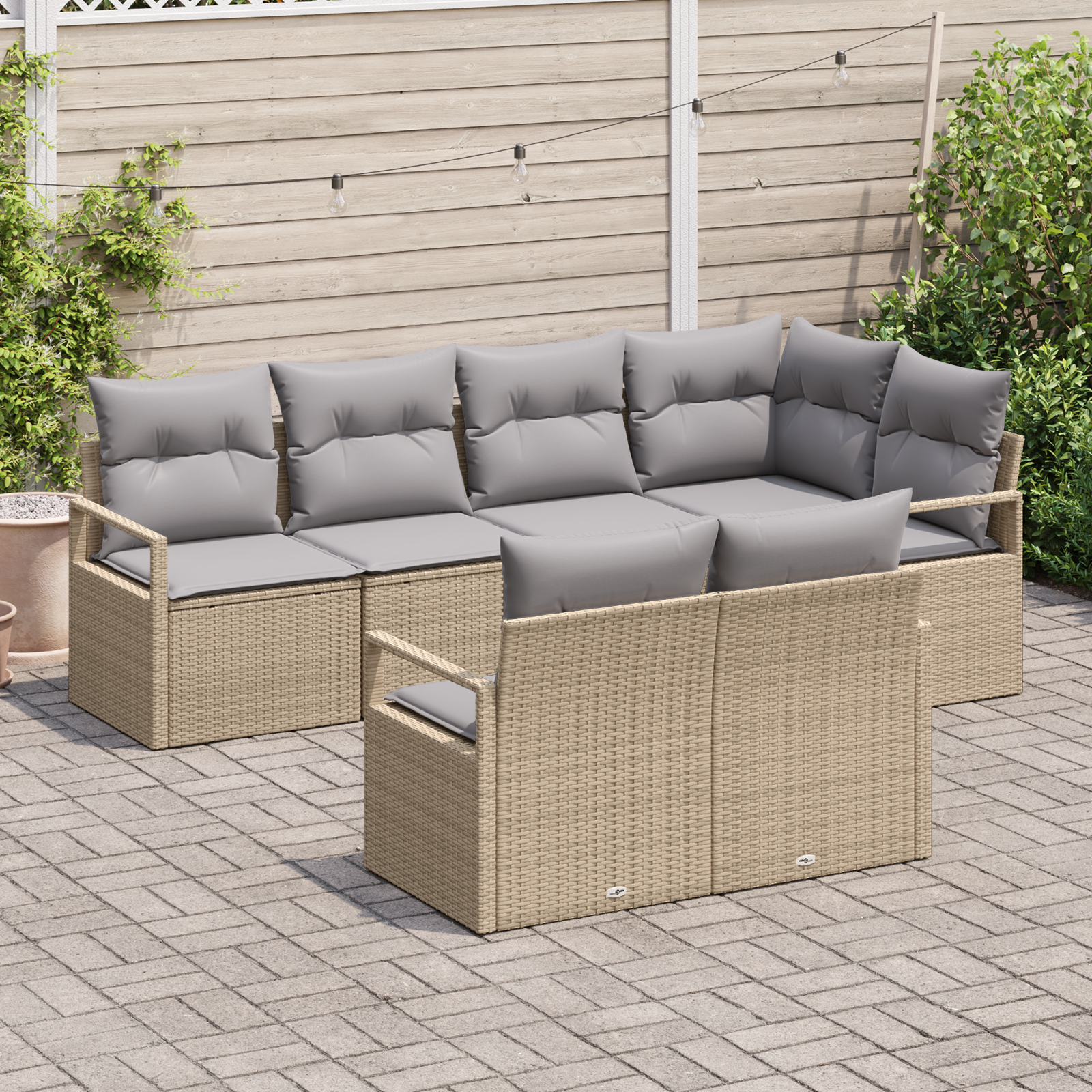 vidaXL 7-delige tuinset met kussens in beige poly riet