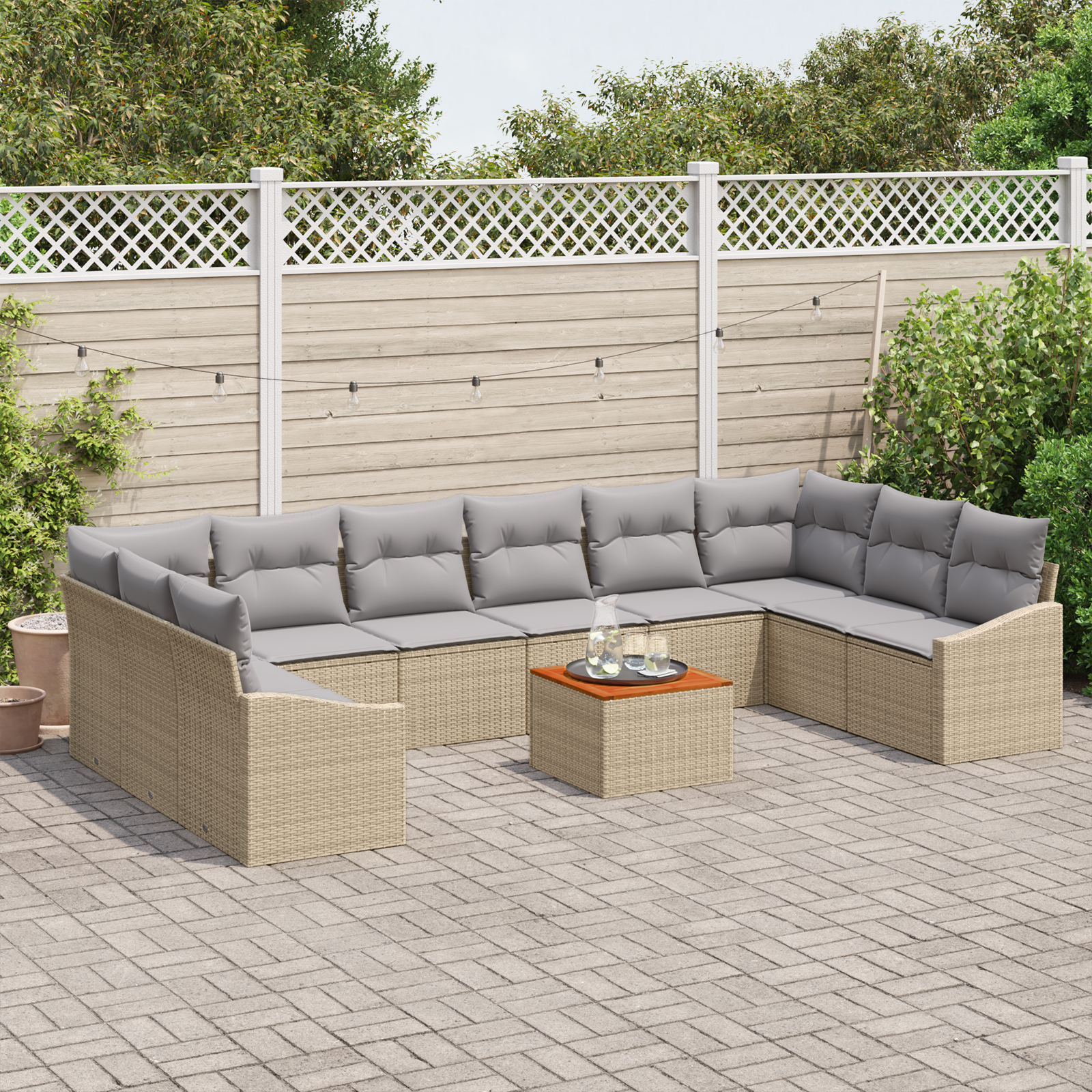 vidaXL 11-delige tuinset met kussens, beige poly riet, acacia