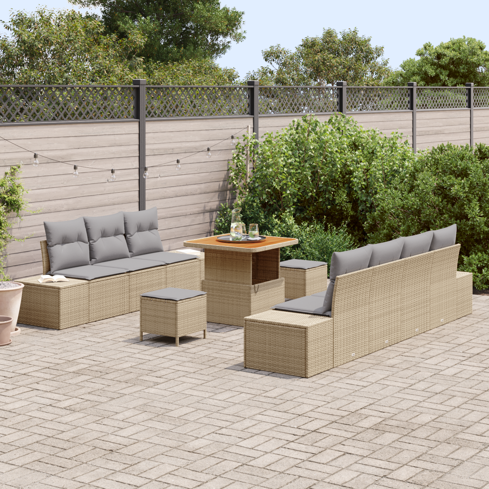 vidaXL 10-delige Tuinbankenset met kussens poly rattan acacia beige