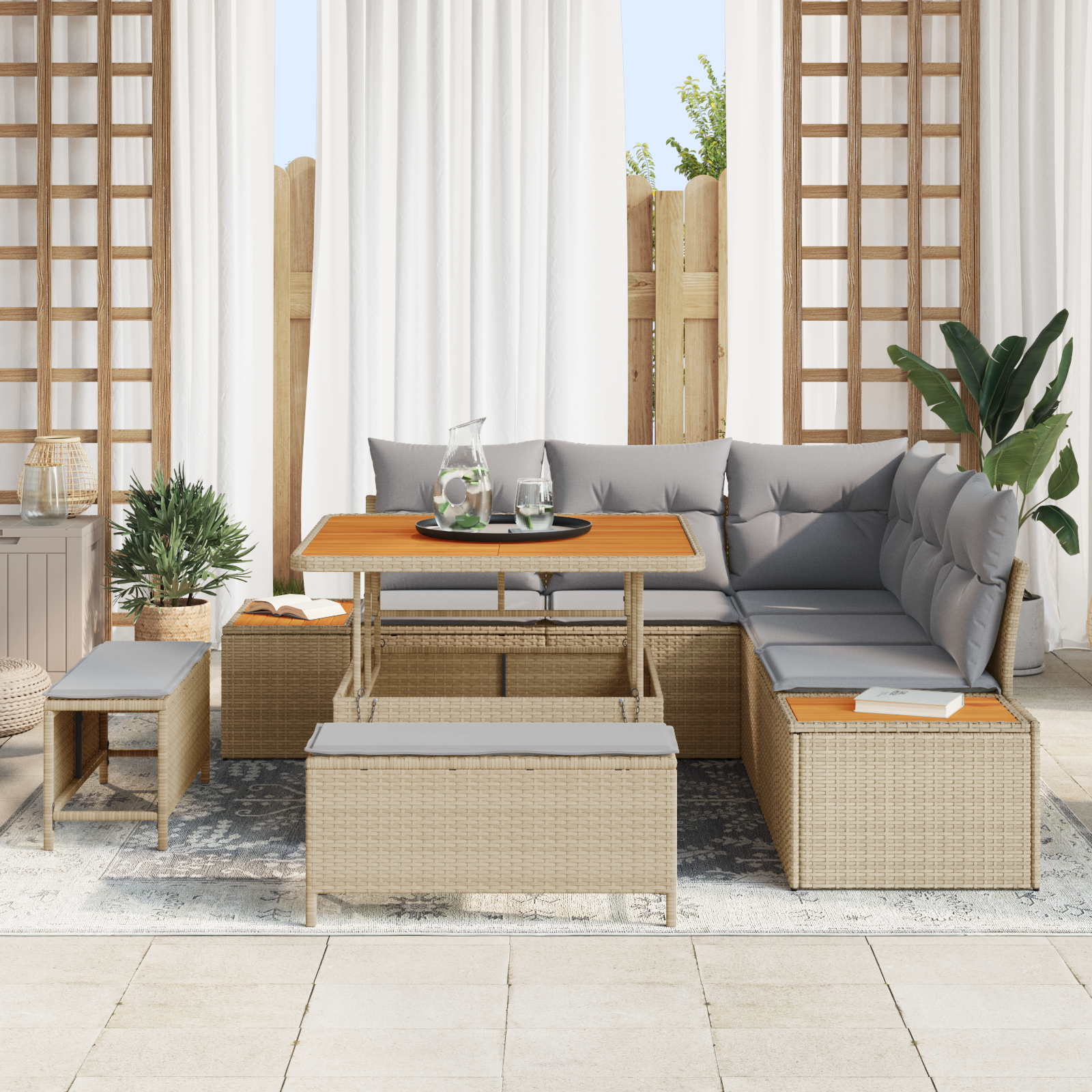 vidaXL 8-delige tuinsofa set met kussens in beige poly rattan en acacia
