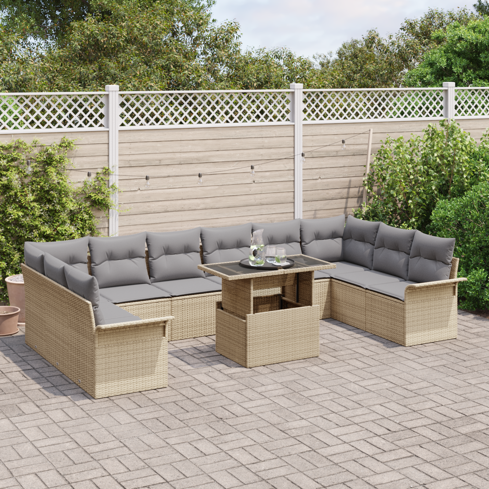 vidaXL 11-delige tuinbankstel met kussens in beige poly rattan