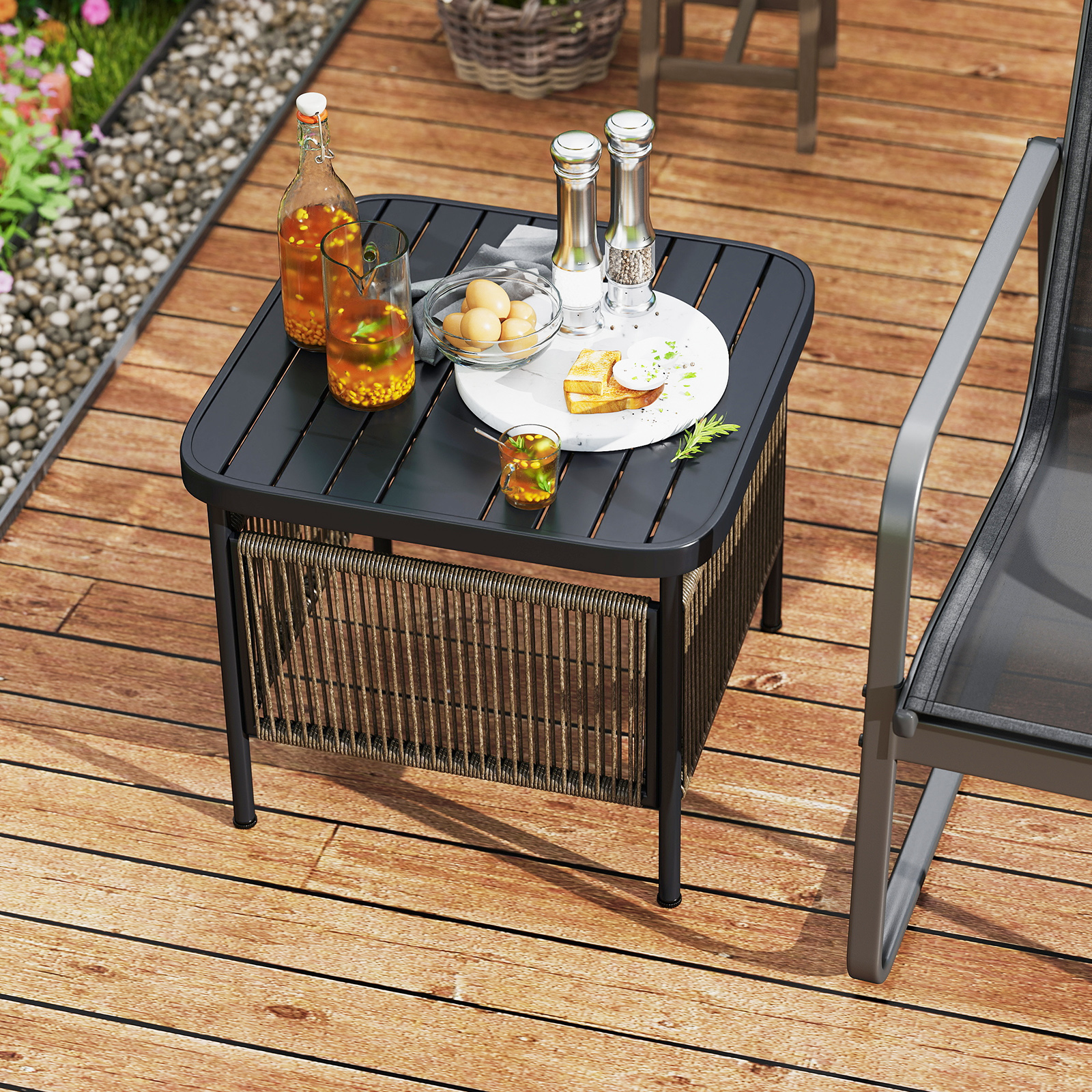 Costway Bijzettafel Outdoor Weerbestendig Rattan Tuin Tafel met Parasolgat Kleine Balkon tafel Koffietafel voor Tuin 56 x 56 x 49 cm