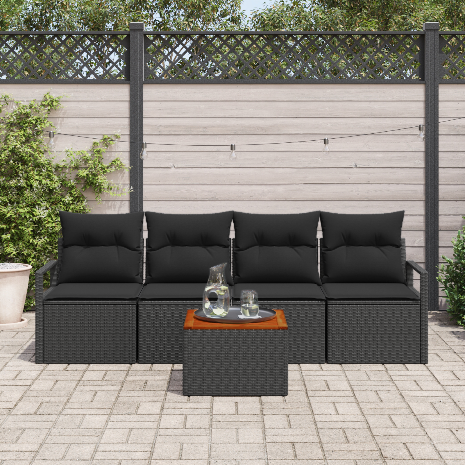 vidaXL 5-delige tuinbankset met kussens in zwart poly rattan en acacia
