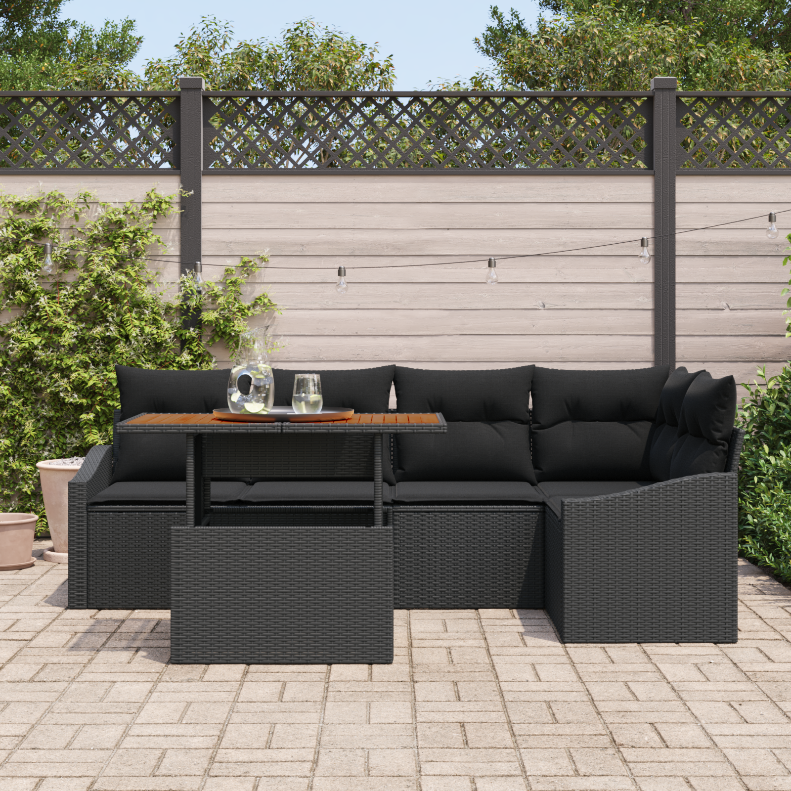 vidaXL 6-delige Tuinbankenset met kussens poly rattan zwart