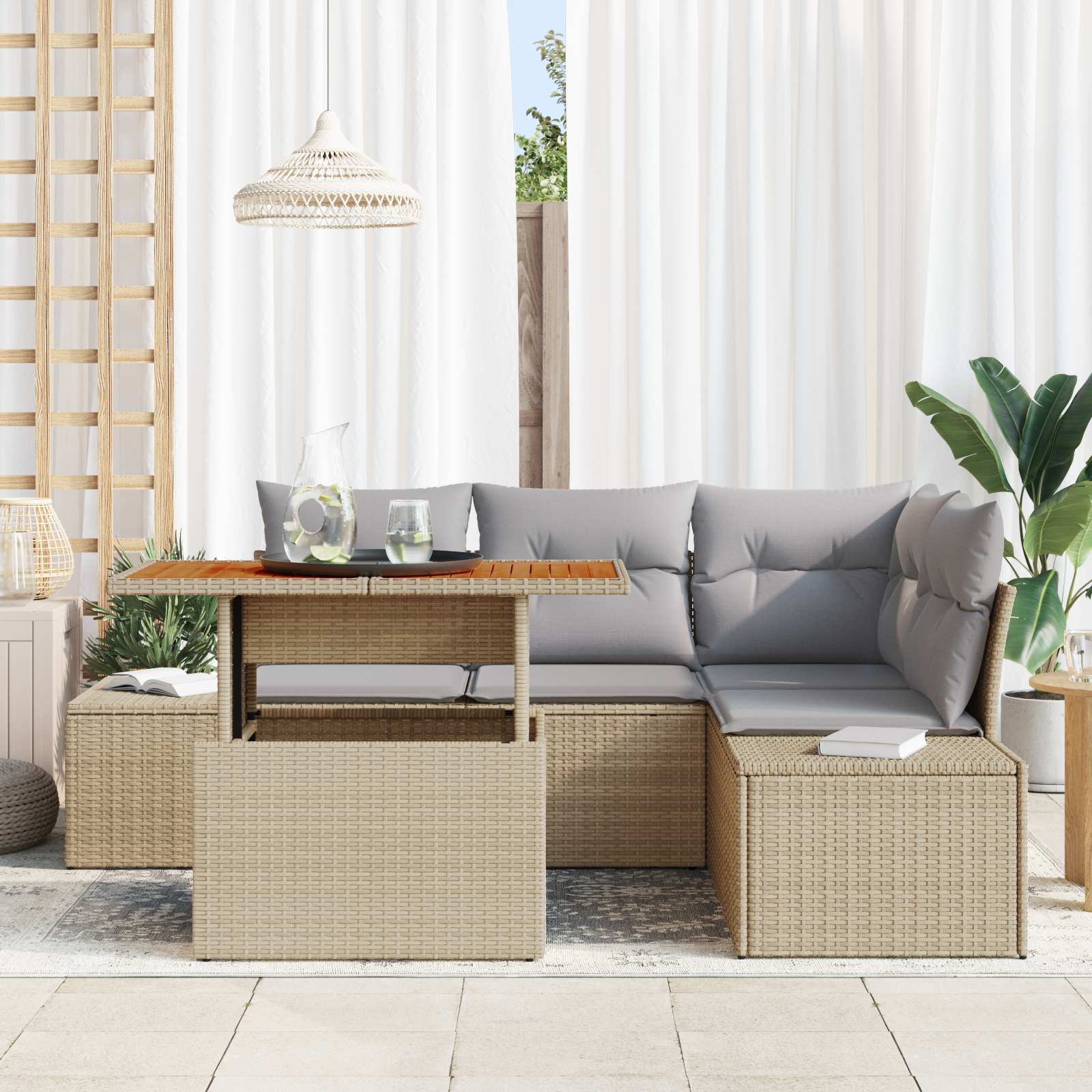 vidaXL 5-delige Tuinbankenset met kussens poly rattan beige