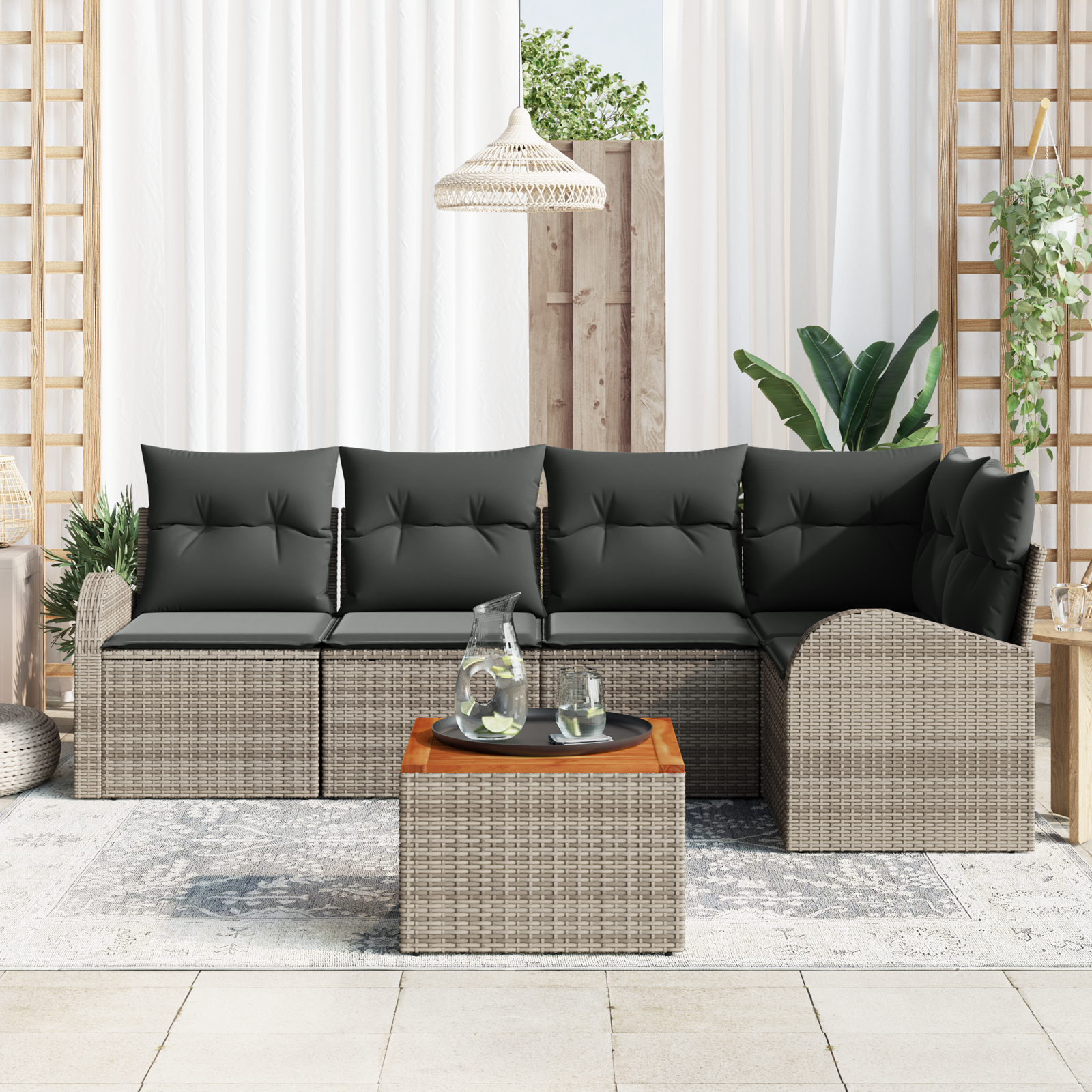 vidaXL 6-delige tuinsofa set met kussens - grijs poly rattan en acacia