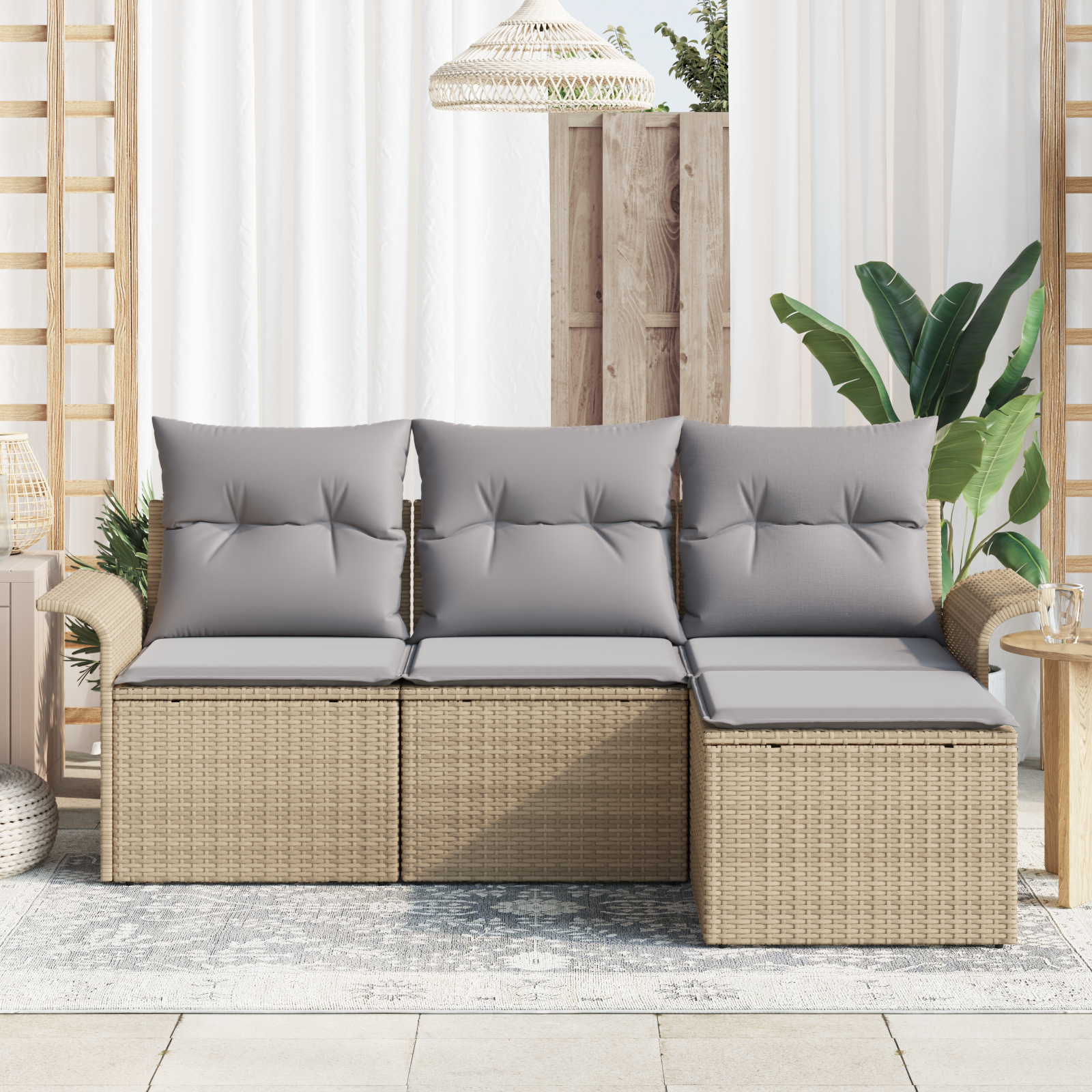 vidaXL 4-delige Tuinbankenset met kussens poly rattan beige